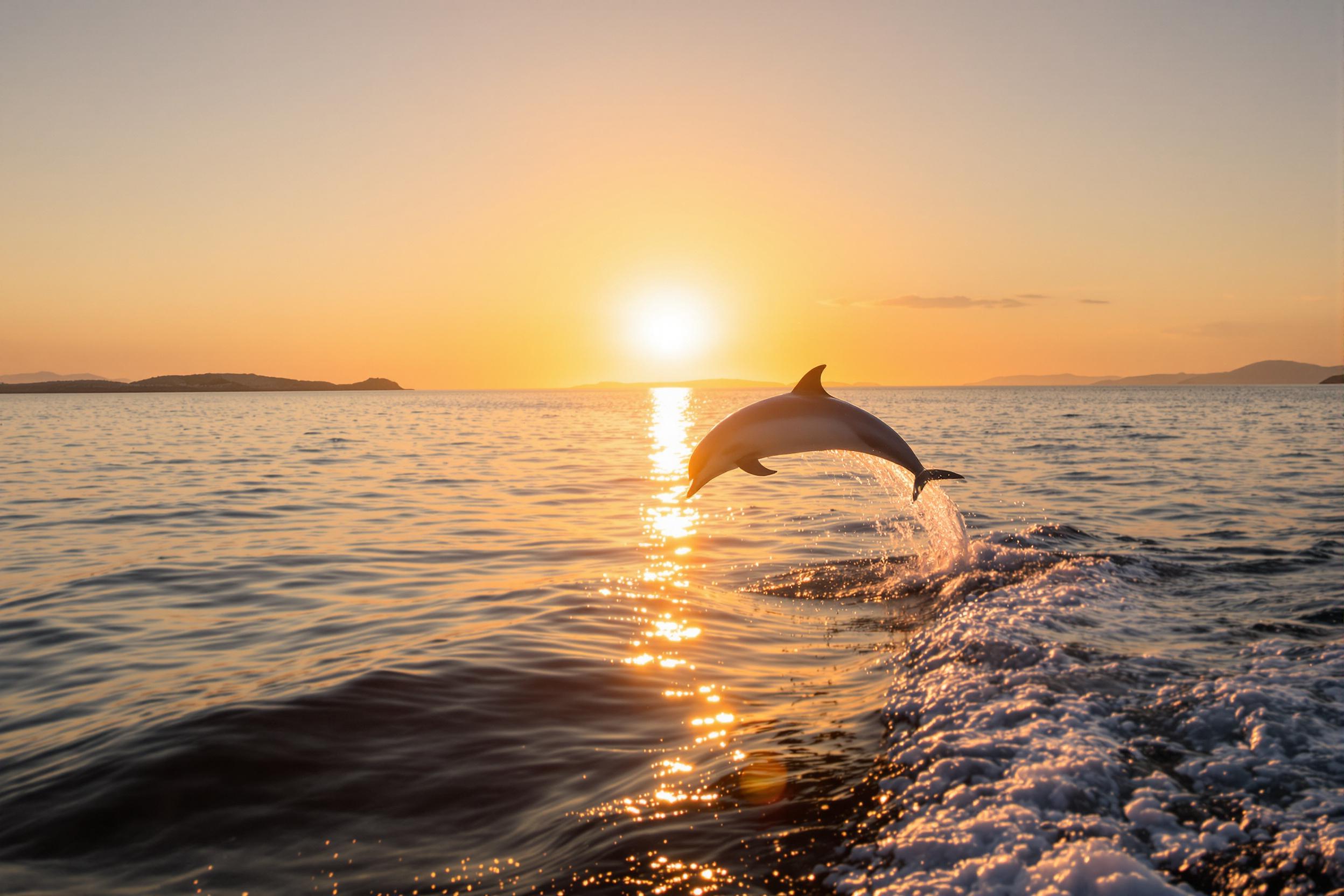 A single dolphin leaps gracefully from calm ocean waters under a radiant sunrise. Soft oranges and pinks from the sun's rays contrast with deep blues of the sea. Fine droplets of water dramatize its arc, catching golden glimmers mid-air. Gentle waves and distant silhouettes of islands enhance the horizon's serenity.