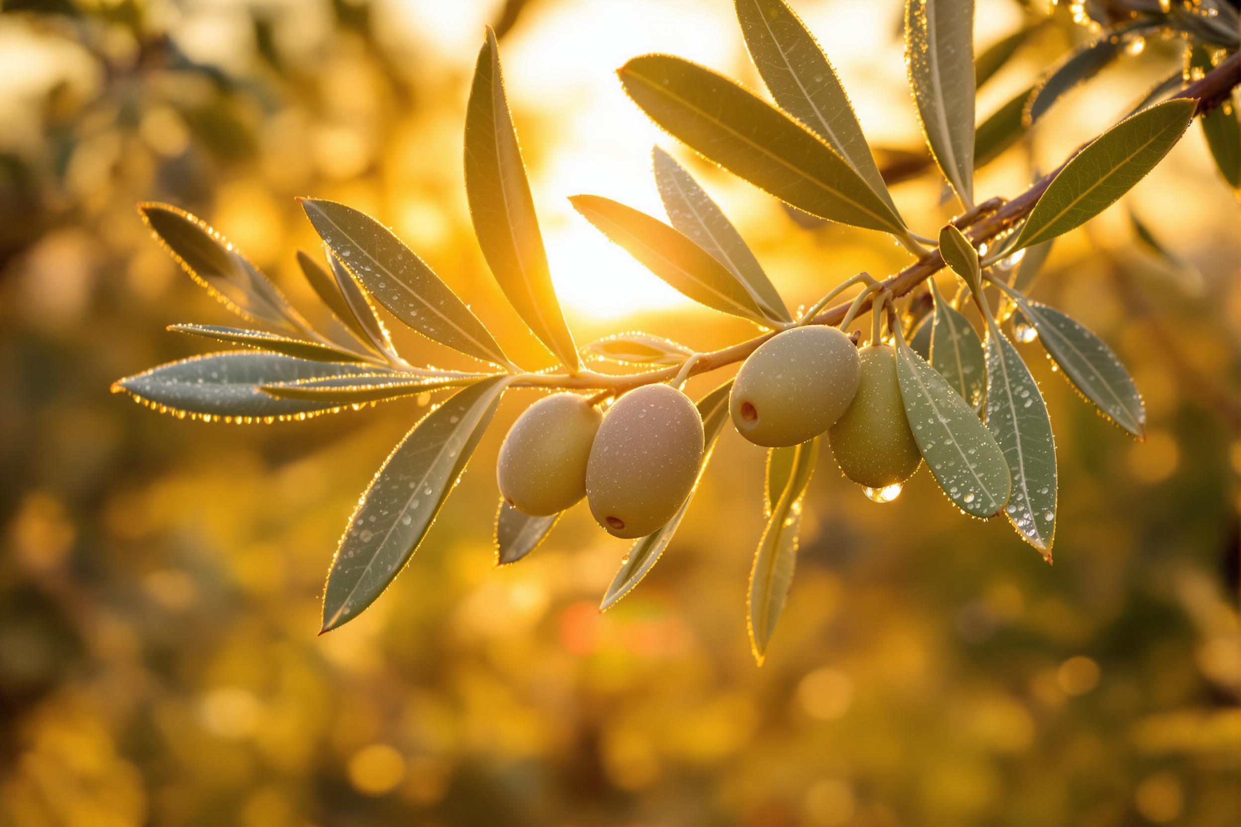 A golden sunrise illuminates a close-up view of a dewy olive branch. Silvery green leaves frame plump, ripening olives, each glistening with morning dew. The soft, bokeh background adds depth and showcases fields fading into amber light, enriching this tranquil rural moment.