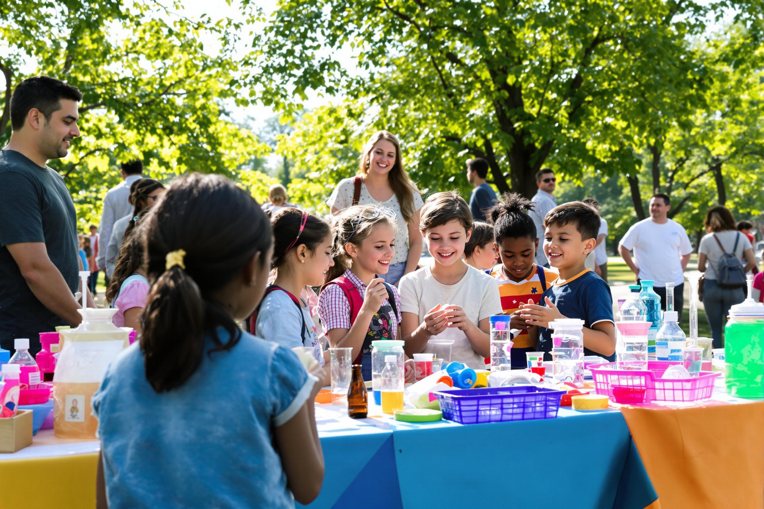 A lively outdoor science fair takes place in a bright park as a group of enthusiastic schoolchildren engages in an exciting experiment. They gather around a colorful display table stocked with test tubes and science kits. Sunlight filters through the trees, illuminating their curious faces filled with joy and wonder. Nearby, parents observe, creating a supportive atmosphere.