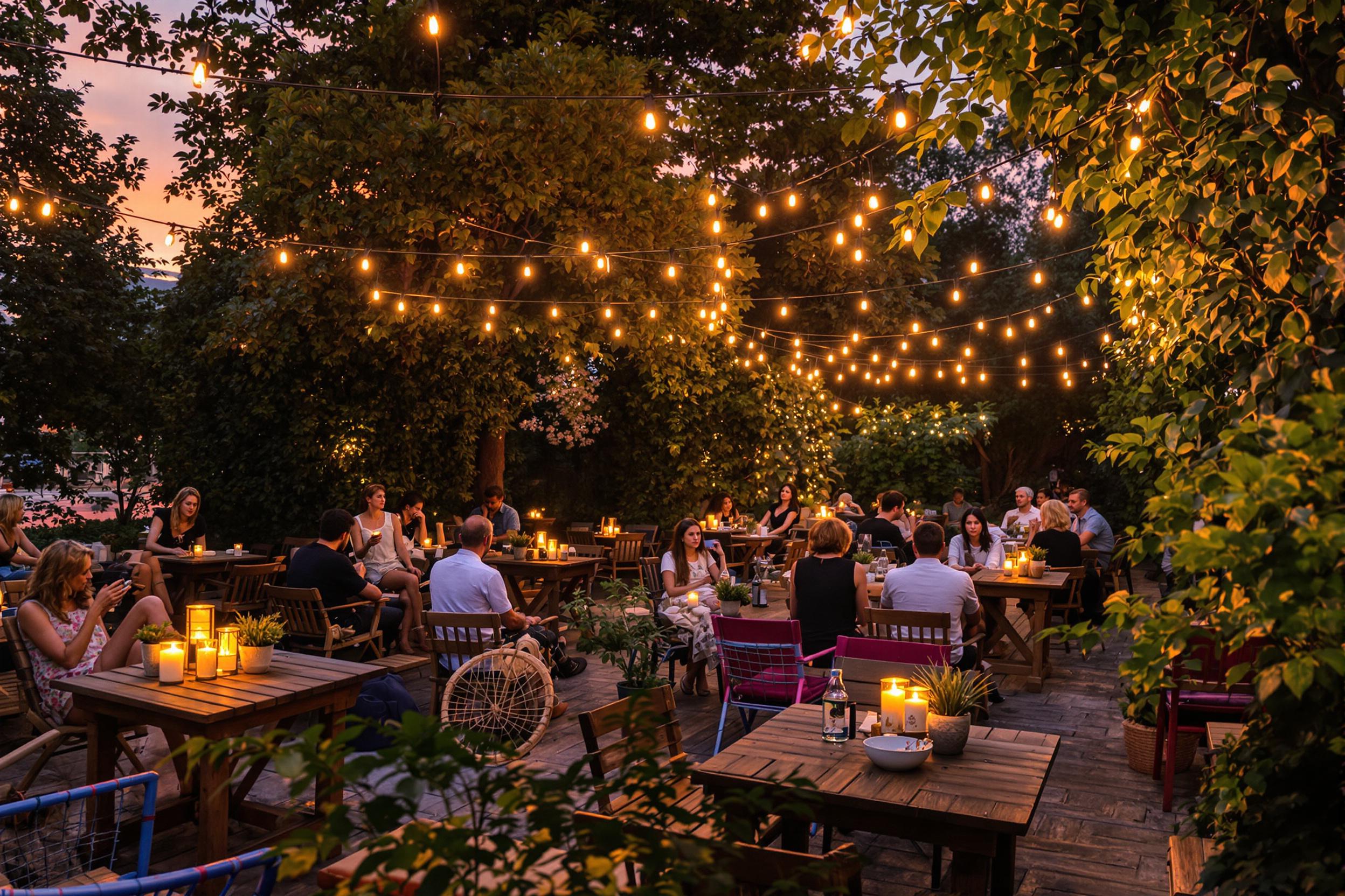 A charming outdoor café patio unfolds at sunset, bathed in warm hues of orange and pink. Rustic wooden tables are adorned with flickering candles and potted greenery, creating an inviting atmosphere. Patrons relax on comfortable chairs, engrossed in conversation beneath string lights that twinkle overhead. The surrounding foliage complements the cozy ambiance as dusk descends.