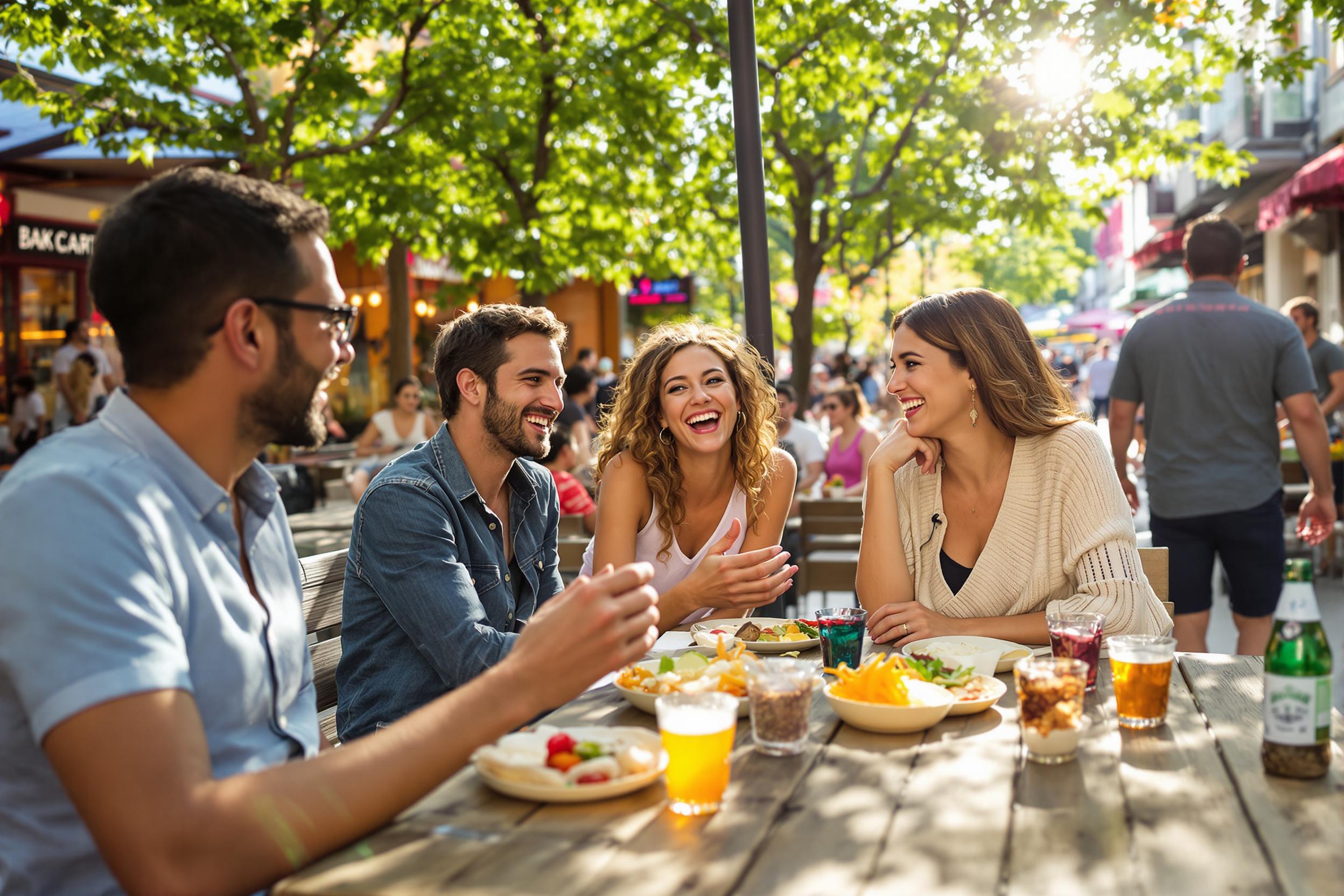 A joyful reunion unfolds at a vibrant outdoor cafe as three friends gather around a rustic wooden table. Their faces beaming with smiles, they share animated stories amid warm sunlight filtering through leafy trees. Colorful dishes of food are scattered across the table, while casual passersby add a bustling backdrop, enhancing the cheerful atmosphere.