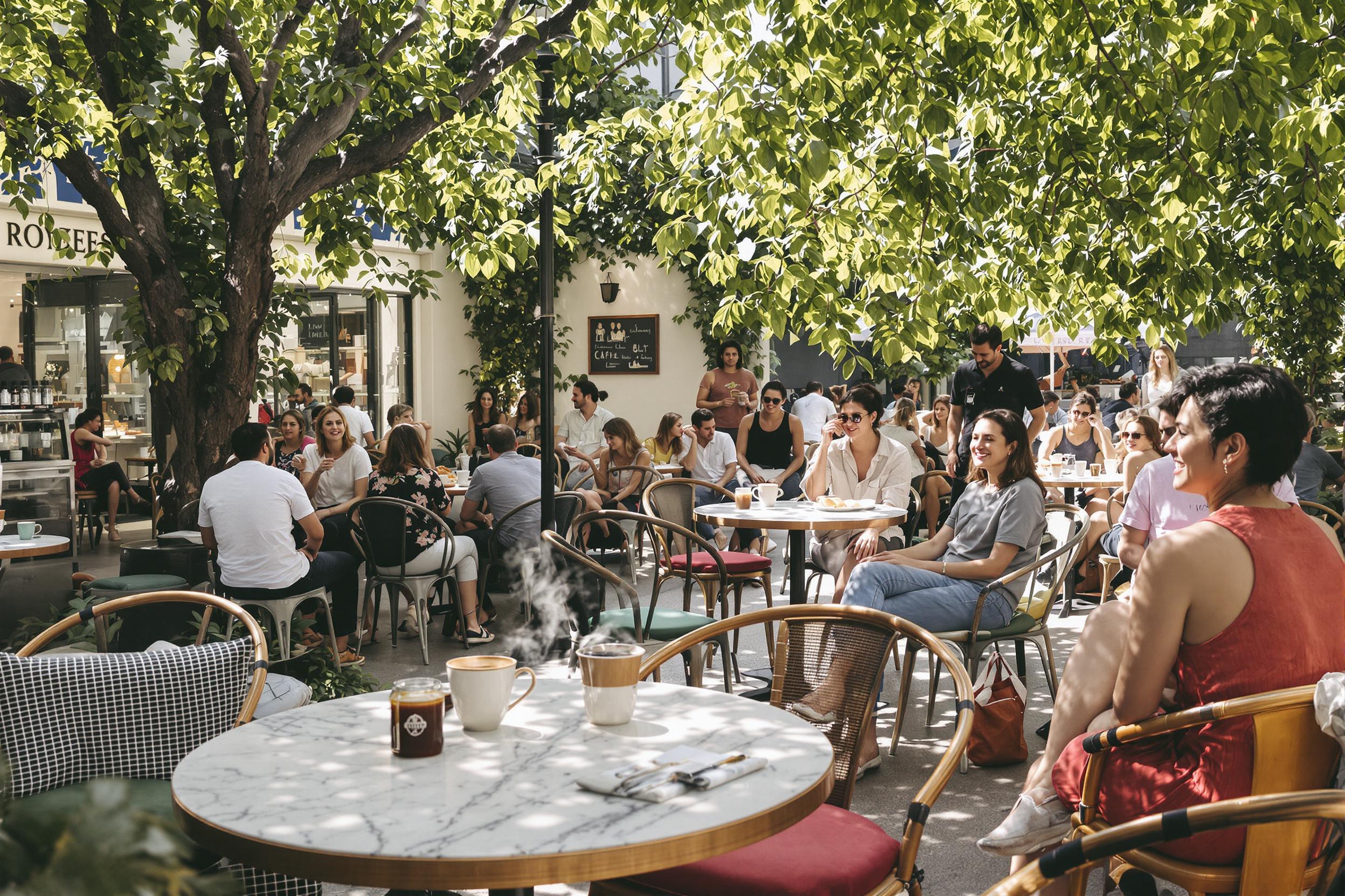 A cozy outdoor café buzzes with life as patrons enjoy steaming cups of coffee and fresh pastries. Tables adorned with marbled tops are dotted around lush greenery, while soft sunlight filters through leafy branches overhead. Lively conversations and laughter create an inviting atmosphere, reflected in the warm colors of the café’s decor.