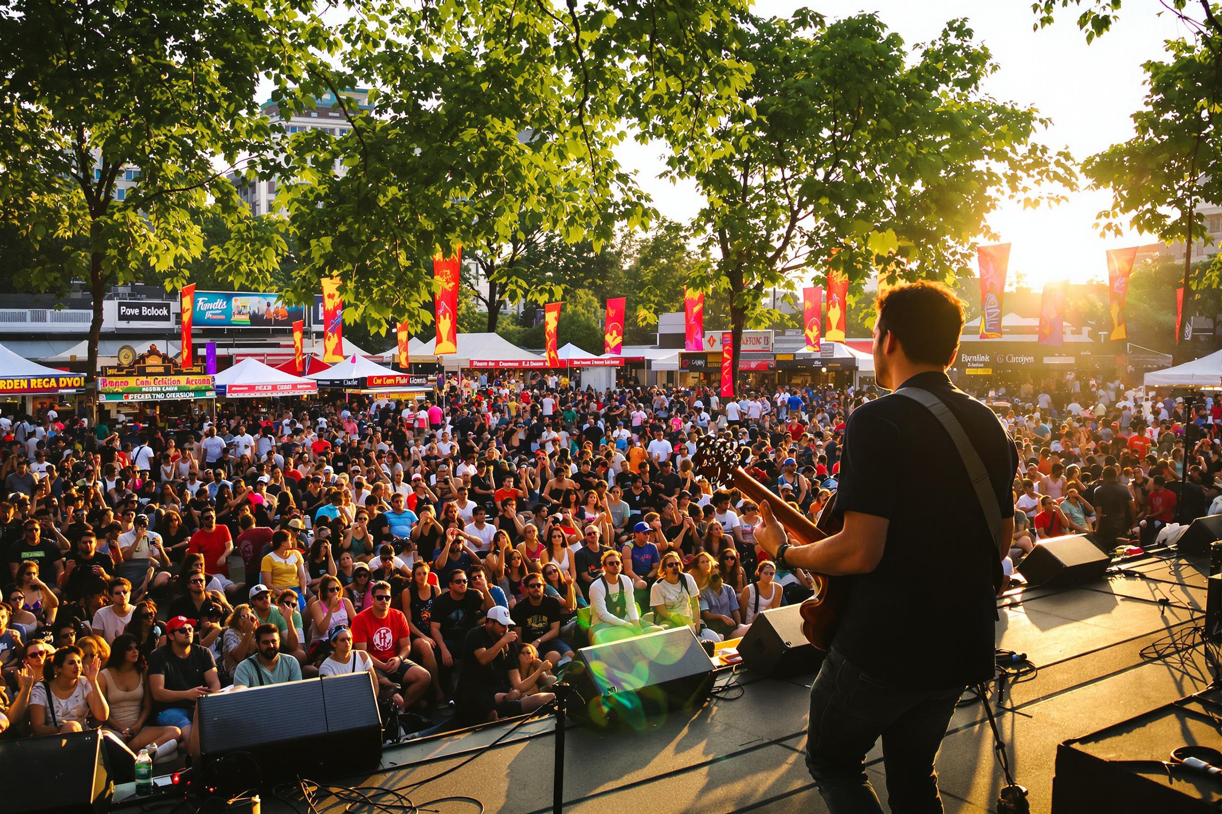 An electrifying outdoor concert scene unfolds in a lively city park as a musician captivates the audience with a guitar performance. The late afternoon sun casts warm light over enthusiastic spectators, many swaying to the rhythm. Colorful banners and food stalls enhance the festive atmosphere, creating a vibrant backdrop filled with energy and excitement.