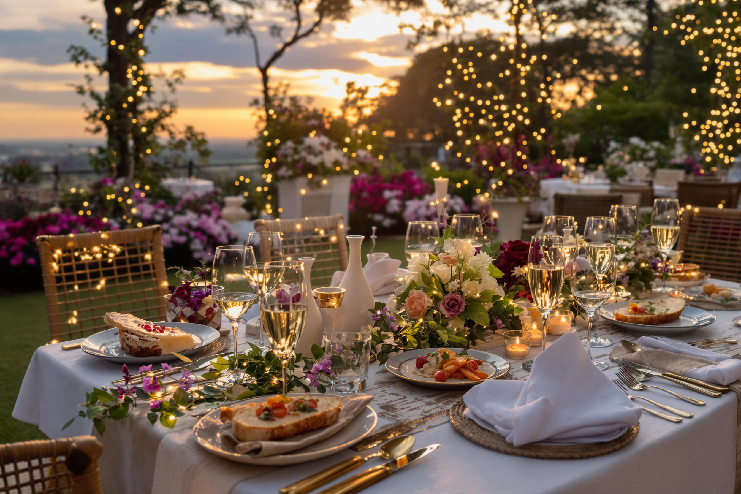 A beautifully arranged outdoor dining table is adorned with exquisite gourmet dishes and sparkling glasses of wine. The table is set on a lush terrace surrounded by twinkling fairy lights and elegant floral arrangements. As the sun sets, a warm glow envelops the scene, creating an inviting atmosphere for a delightful evening meal.