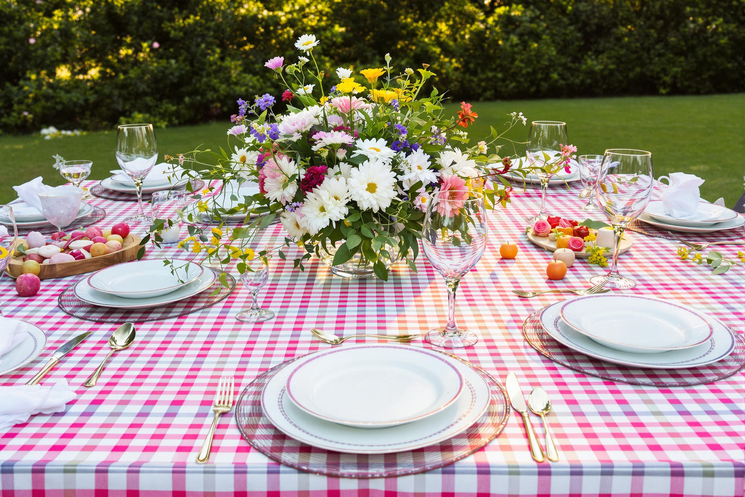 An elegantly arranged outdoor picnic table boasts a vibrant checkered tablecloth spread across a grassy park. Delicate porcelain plates sit beside crystal-clear glasses, reflecting the soft glow of the setting sun. A centerpiece of blooming wildflowers adds pops of color, while lush greenery frames the scene, creating a warm and inviting ambiance perfect for al fresco dining.