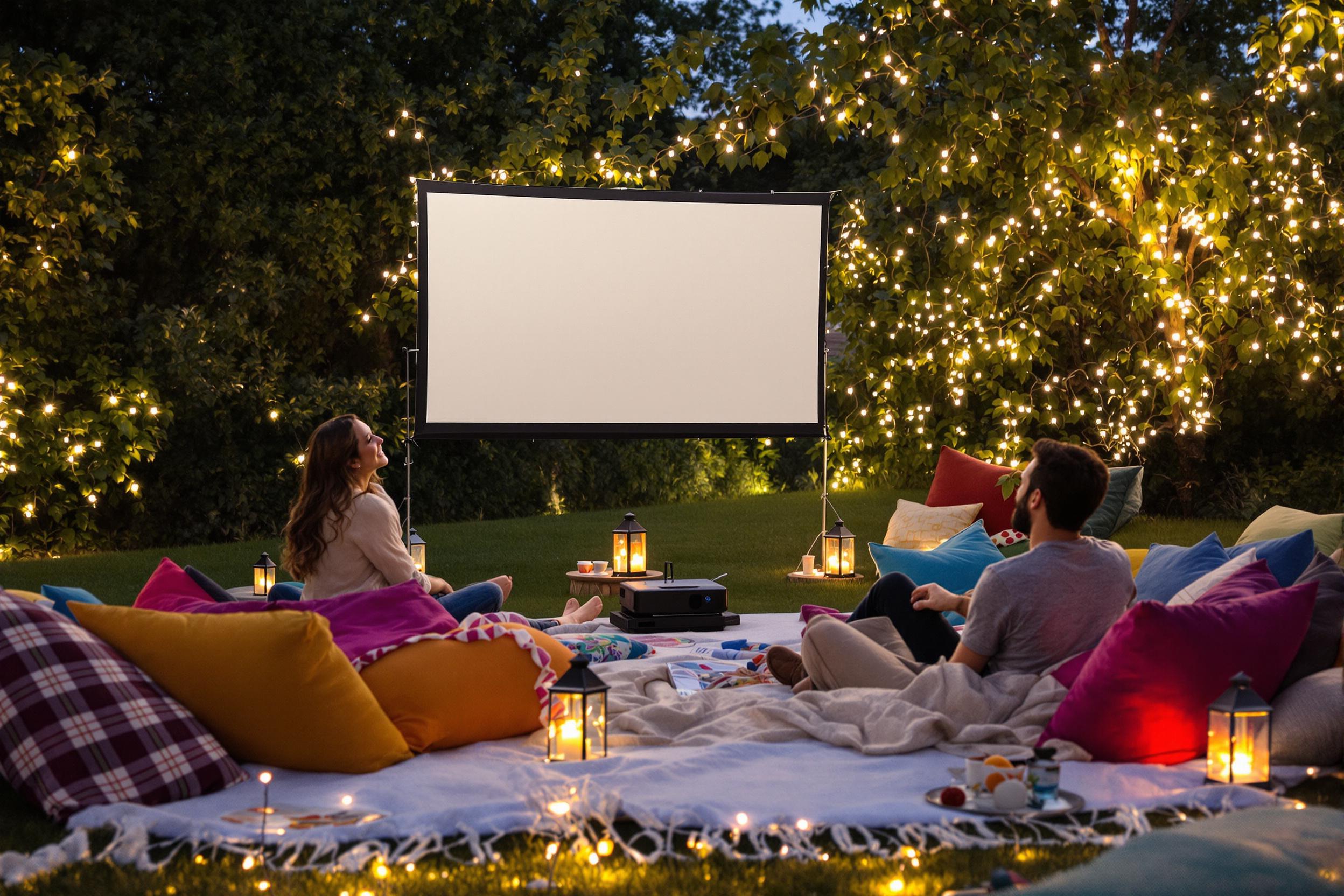 A cheerful couple sets up a cozy outdoor movie night in their enchanting garden. Colorful cushions and blankets are arranged on a soft lawn under twinkling fairy lights. Giggles fill the air as they position a portable projector and screen, while small lanterns create a welcoming ambiance. The fading light and lush greenery complete this perfect evening scene.