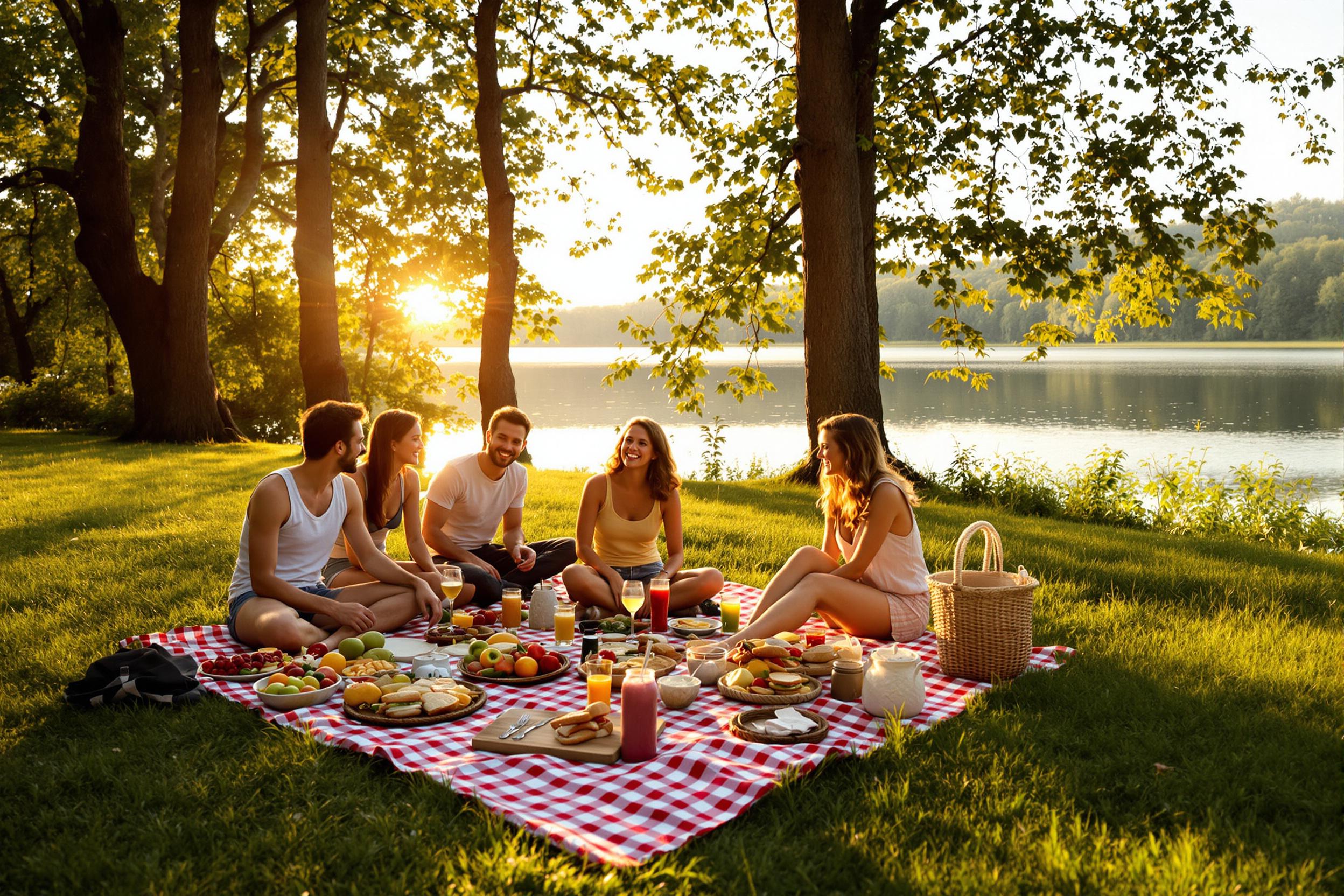 A group of friends gathers for an outdoor picnic by a serene lakeside. A checkered blanket is spread over lush green grass, adorned with an array of delicious food – colorful fruits, sandwiches, and refreshing drinks. Towering trees frame the scene as the sun sets, casting a warm golden glow over their joyful expressions.