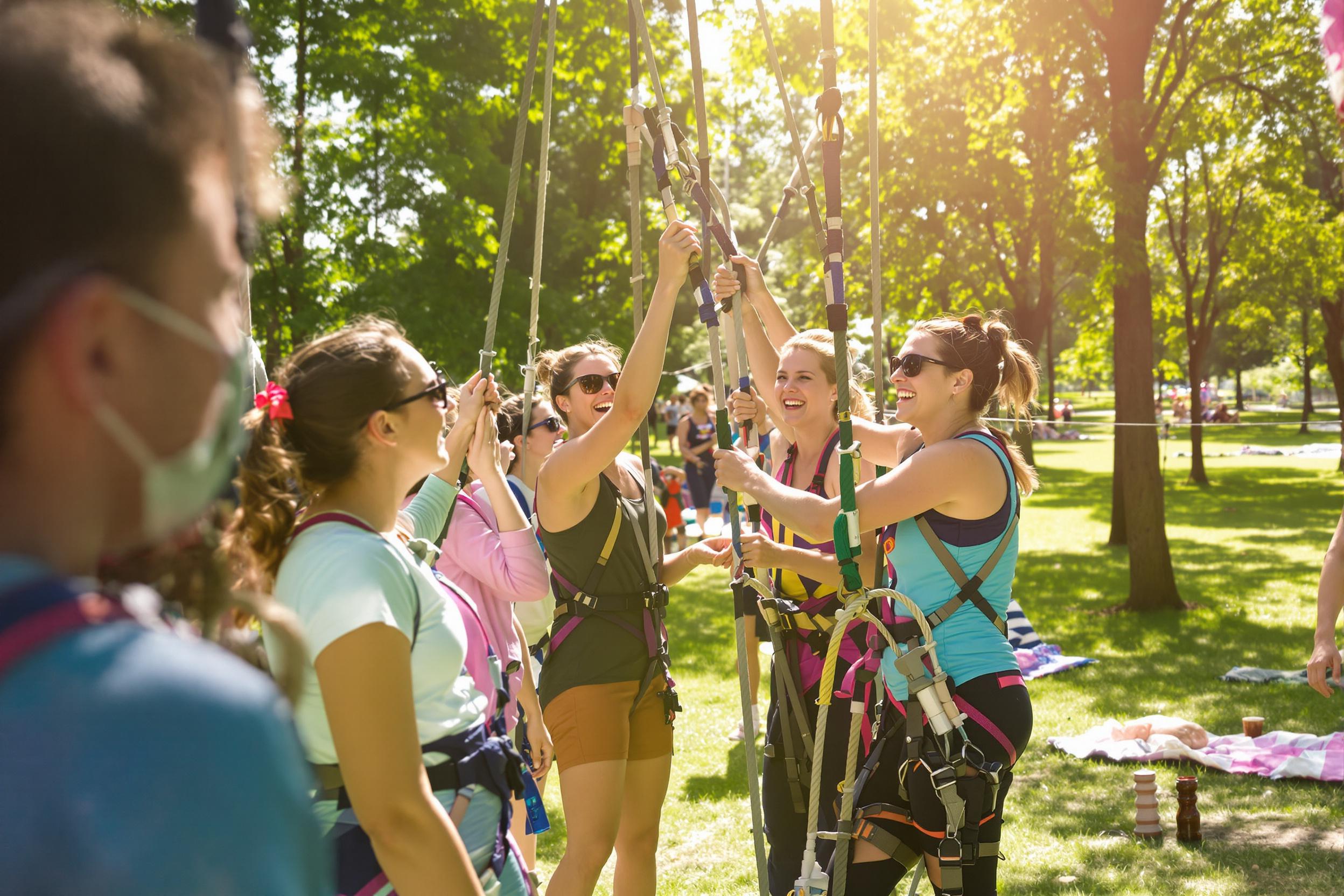 A lively scene unfolds in a sunny park as a group of friends partakes in outdoor team-building activities. Laughter echoes as they tackle challenges like rope climbing and trust falls. Bright sunlight filters through trees, illuminating their playful expressions and colorful athletic wear. Nearby picnic blankets hint at a celebratory gathering post-activities.