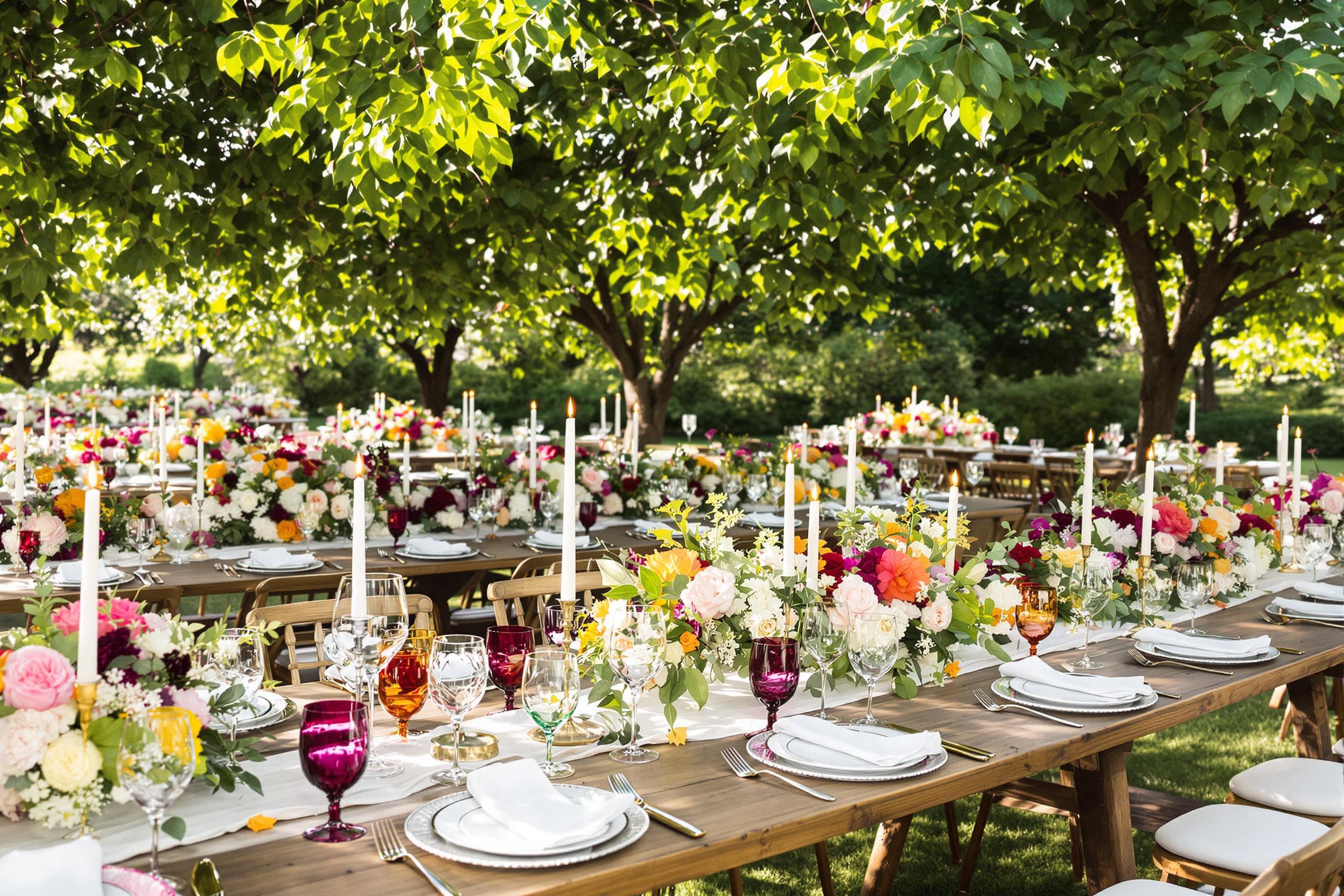 An enchanting outdoor wedding reception is beautifully arranged under a canopy of lush greenery. Rustic wooden tables are elegantly set with fine china and crystal glassware, complemented by colorful floral centerpieces overflowing with peonies and roses. The warm glow of late afternoon sunlight filters through leaves, casting gentle shadows that enhance the romantic atmosphere.