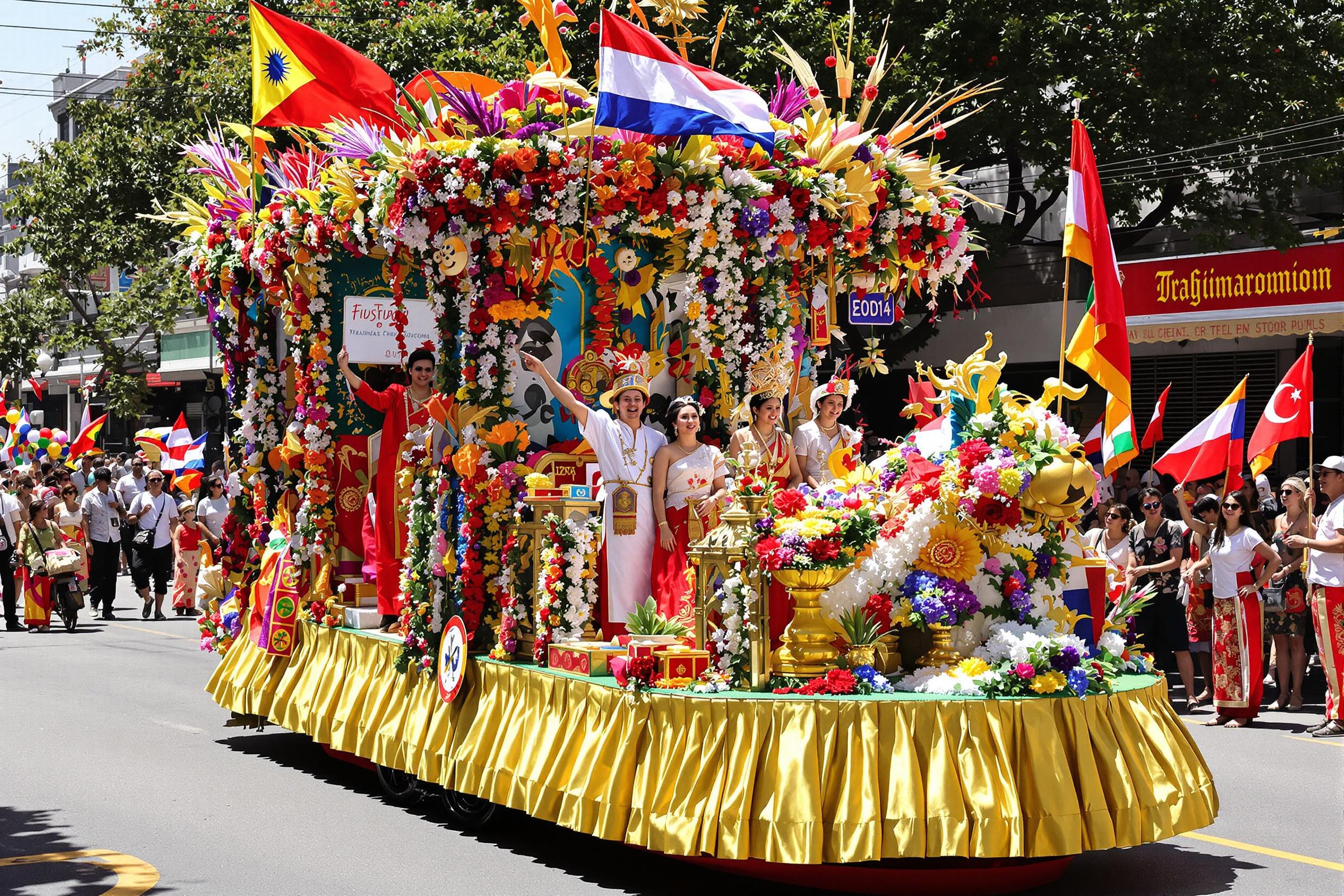 A vibrant parade celebrating cultural diversity flows through a busy urban street. Colorful floats adorned with flowers and cultural symbols glide past cheering spectators, who wave flags and wear traditional attire from around the world. The bright afternoon sun illuminates the scene, creating an energetic ambiance filled with smiles and excitement.