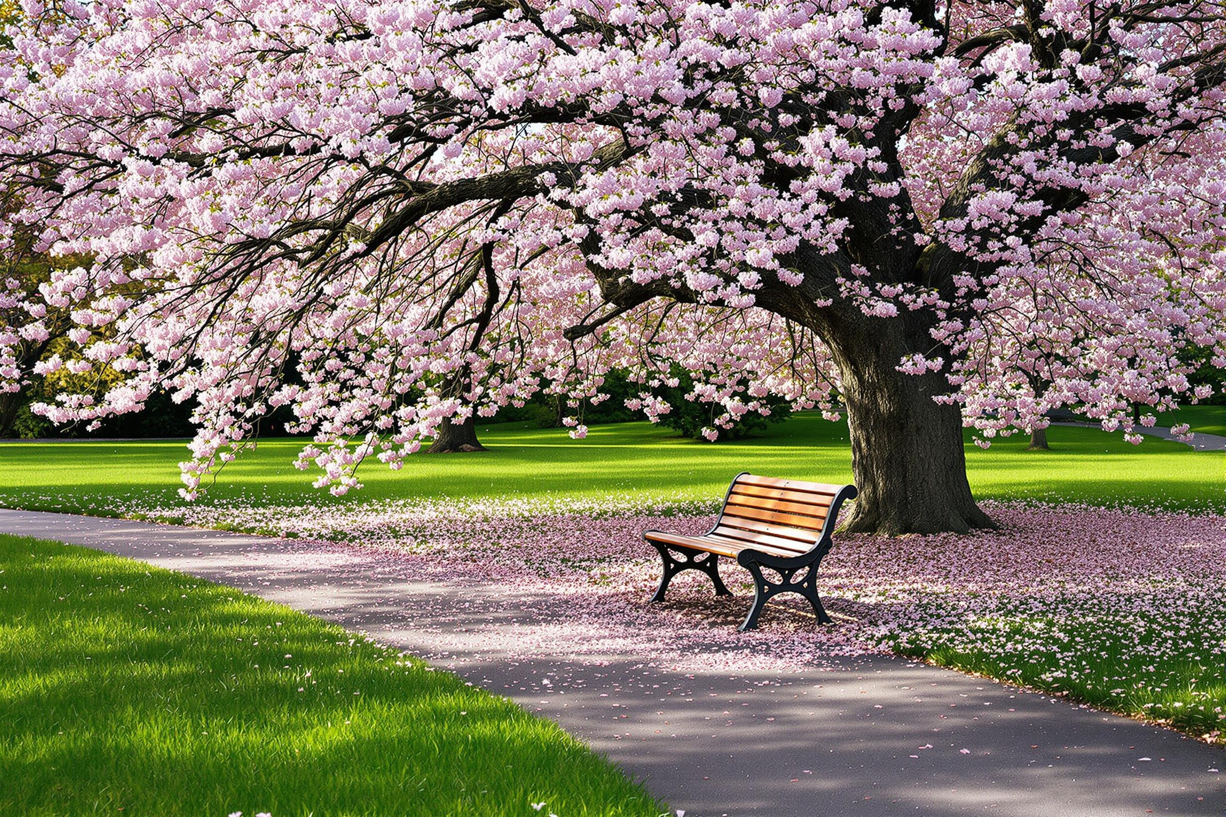 A solitary wooden park bench sits invitingly on a winding pathway, under the sprawling branches of a fully bloomed cherry tree. Petals gently drift down around it, creating a soft pink carpet on the ground. Lush green grass surrounds the bench, illuminated by diffuse afternoon sunlight filtering through the leaves, inviting quiet reflection in this serene setting.