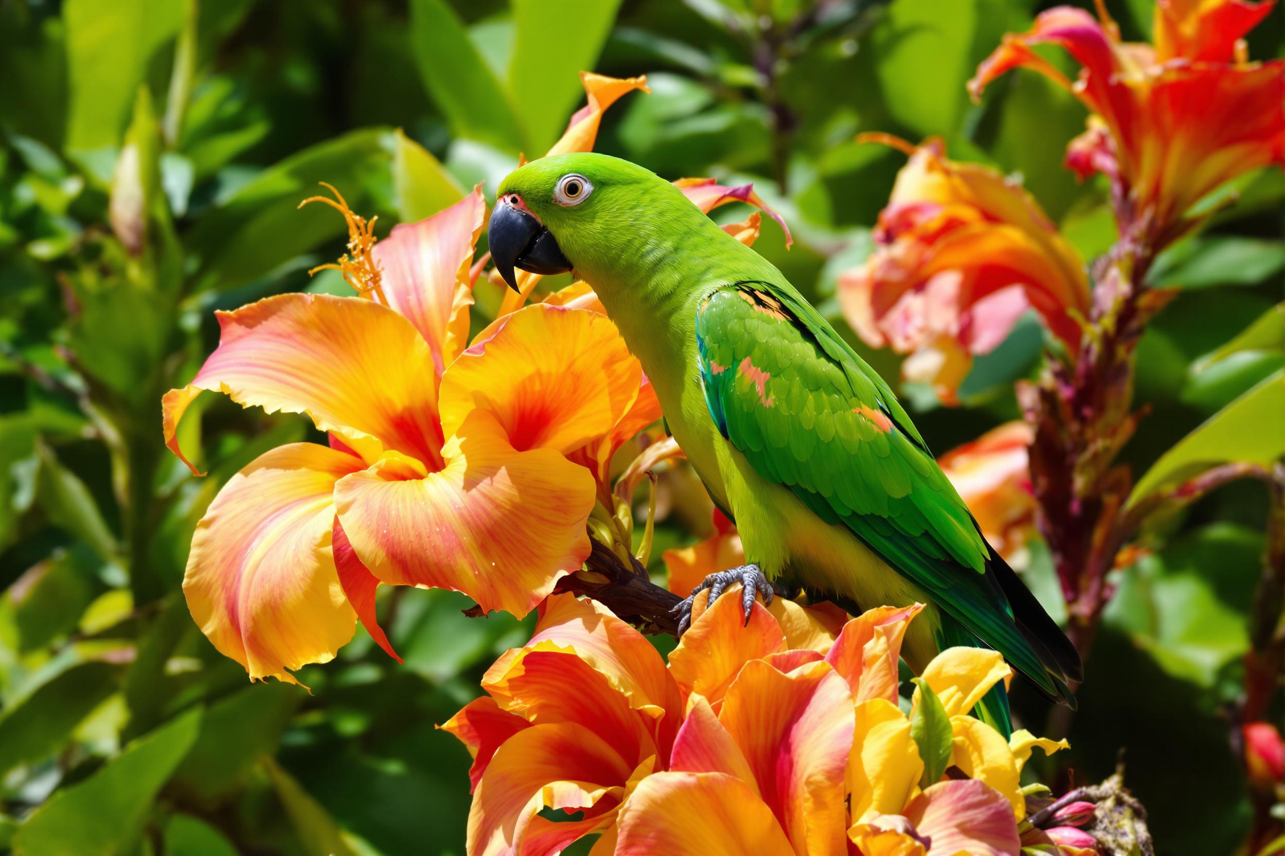 A brilliant green parrot perches gracefully on a vibrant flower branch. Its feathers exhibit shades of emerald and gold that glisten under the bright midday sun. Nearby, large tropical flowers in hues of pink and yellow create a striking contrast. Lush foliage surrounds the scene, adding depth and enhancing the vivid colors of this lively moment.