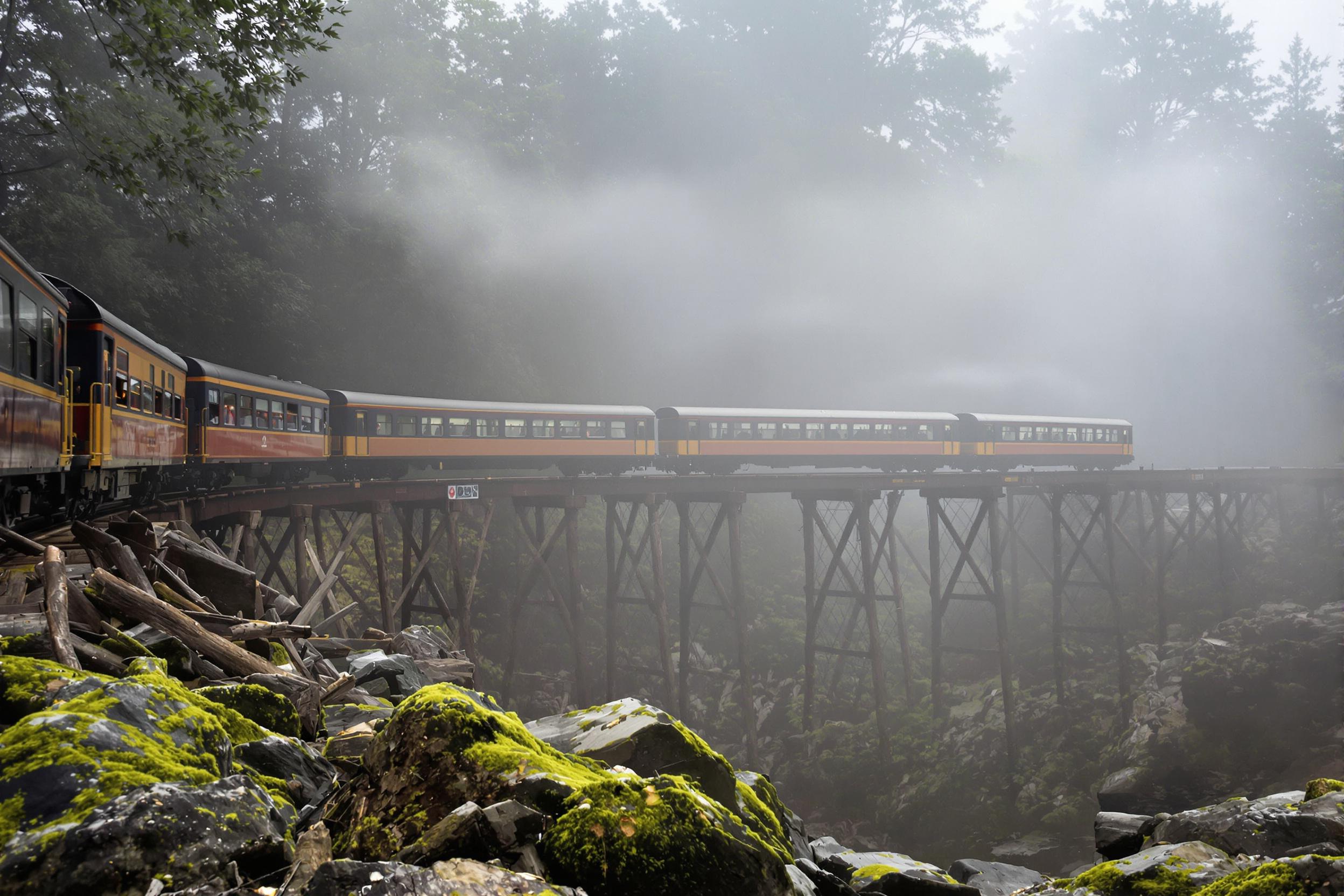 A lone passenger train emerges from dense fog as it crosses a remote countryside wooden trestle bridge. The mist shrouds towering trees in the backdrop, creating an ethereal atmosphere. Morning light, diffused by the fog, softly highlights the silhouette of the moving carriages against muted earth tones of moss-covered rocks and wet wood.