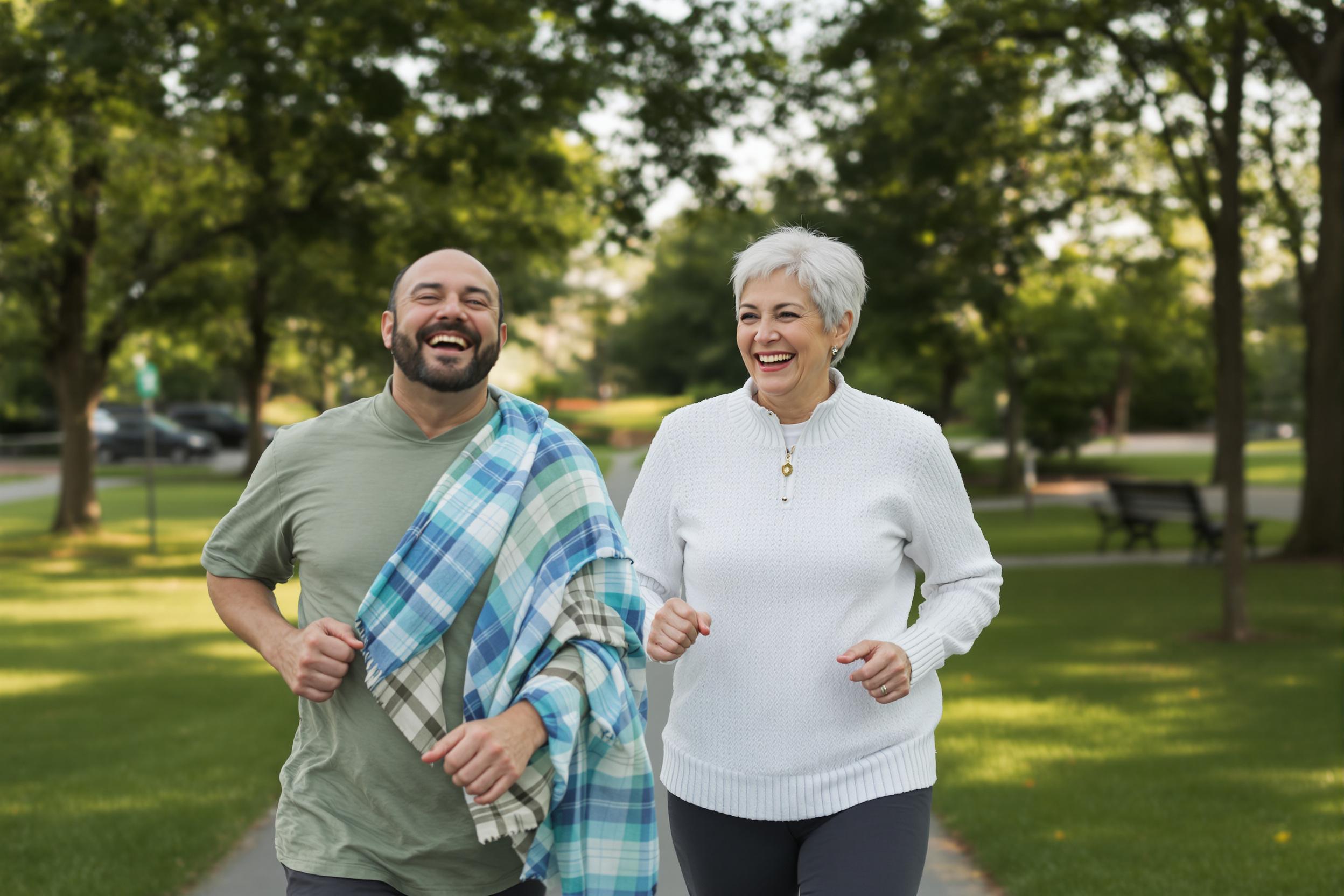 An energetic senior couple laughing while jogging in a park. This heartwarming scene captures active aging, health, and happiness, ideal for wellness and lifestyle content.