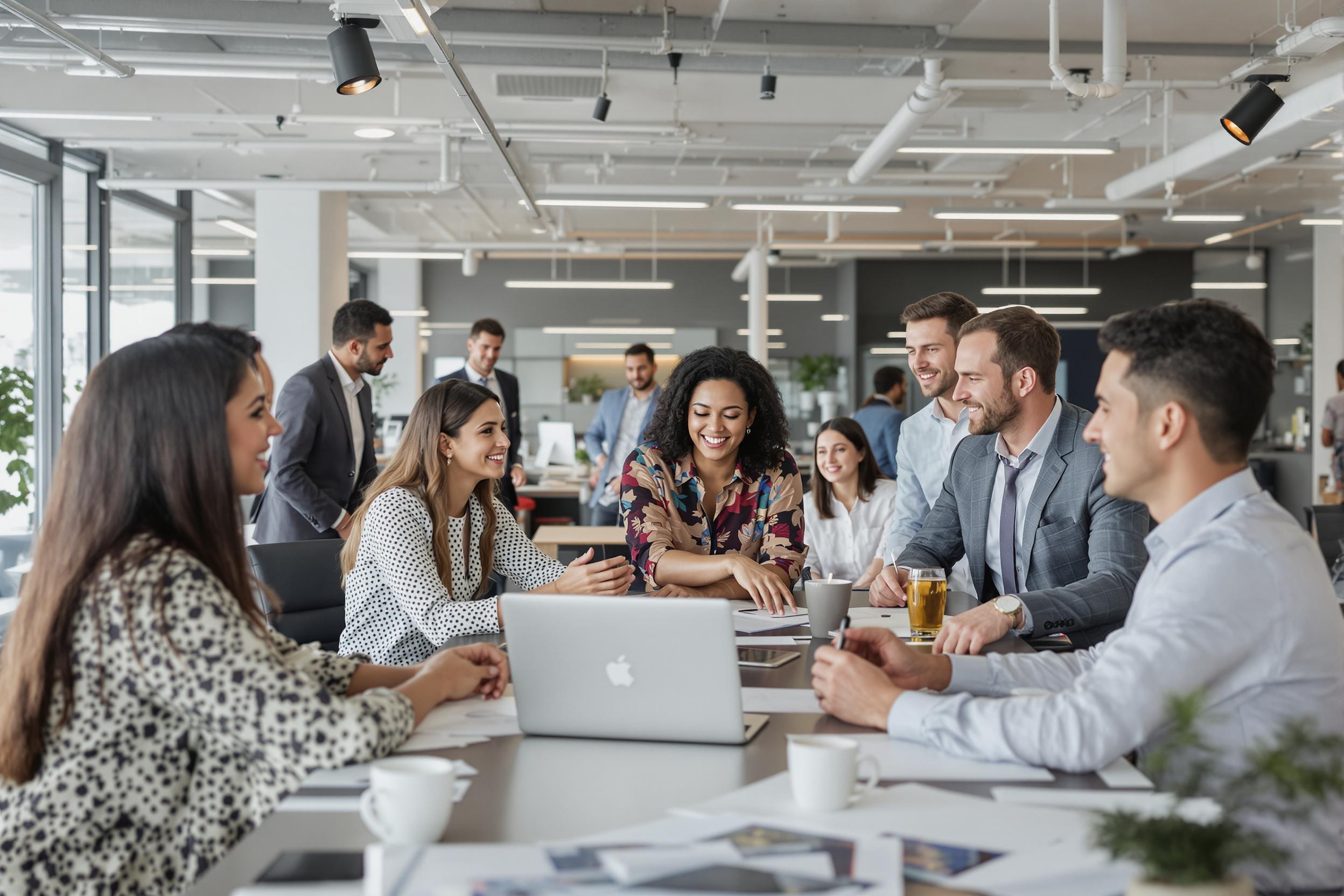 A diverse team of professionals collaborating in a sleek, open-plan office. The image showcases inclusivity, teamwork, and a contemporary work environment, perfect for business and corporate themes.