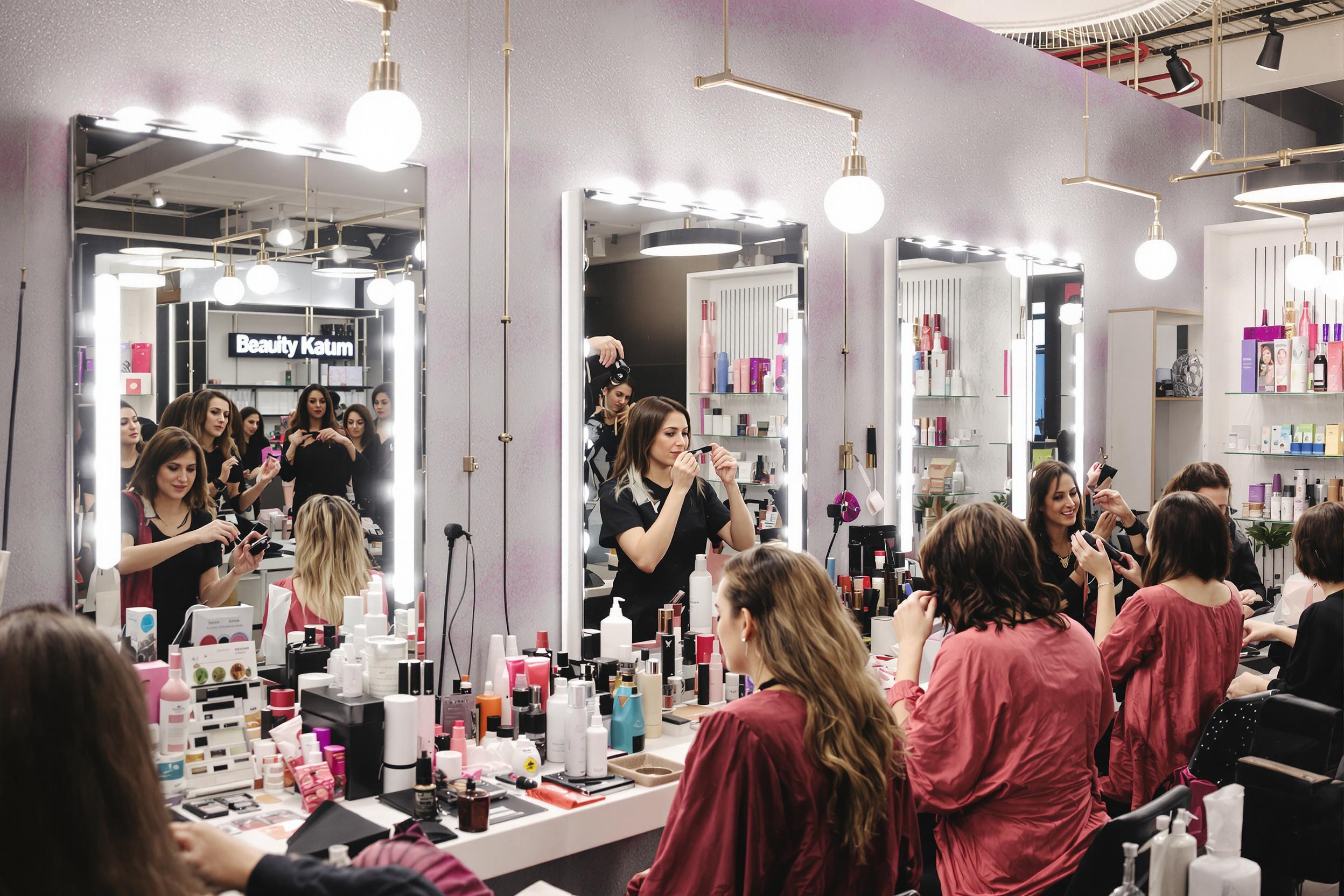 Inside a modern personal care salon, beauticians energetically engage with clients. The scene captures stylists applying makeup and arranging hairstyles, all under bright overhead lights that enhance the vibrant colors of their products. Mirrors reflect focused expressions while shelves display an array of beauty items, creating a lively and cheerful environment.