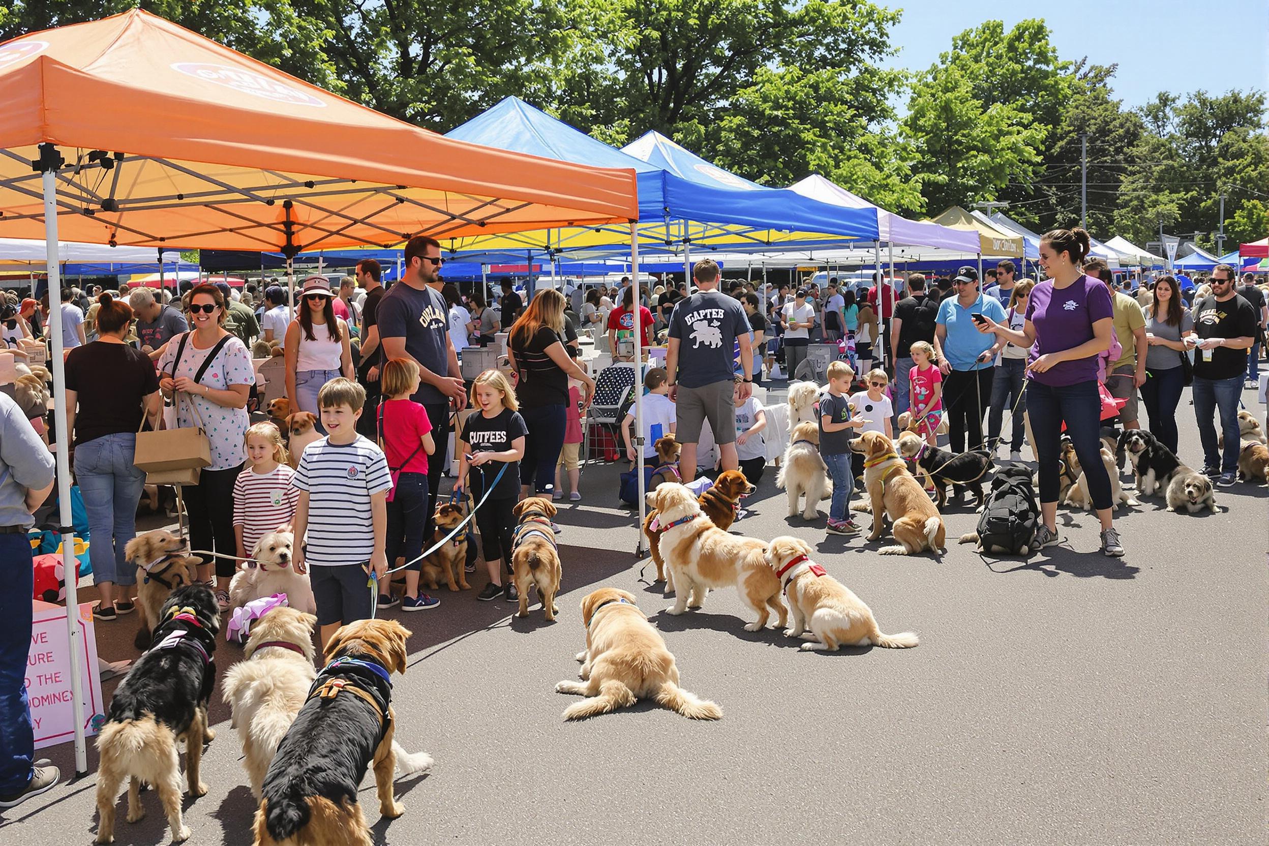 A cheerful pet adoption event takes place in a sunny park filled with colorful tents. Families interact joyfully with dogs and cats of various breeds eager for new homes. Lively children play alongside the pets, while volunteers provide information and guidance. The bright, clear morning sky sets a welcoming mood, enhancing the heartwarming atmosphere.