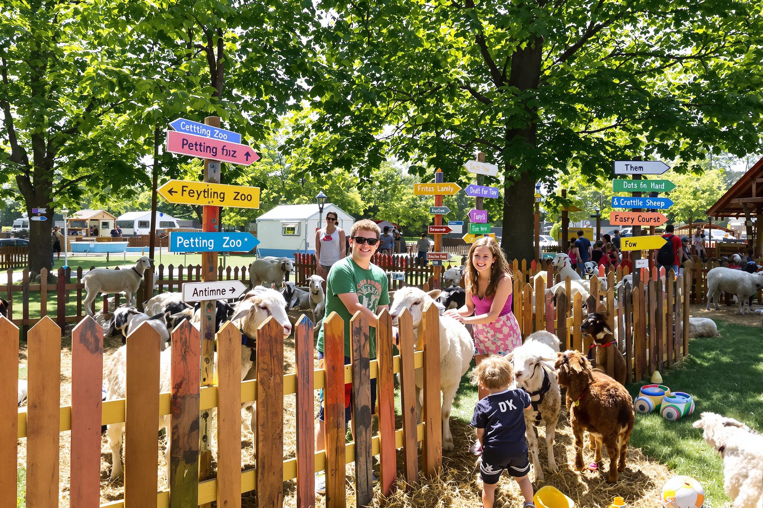 At an outdoor petting zoo, a family delights in interacting with friendly goats and sheep. Bright sunshine filters through lush trees, illuminating the children's joyful faces as they gently pet the animals. Colorful signs guide visitors, while playful wooden fencing adds charm to the lively scene. The grassy area is dotted with hay and toys, enhancing the playful atmosphere.