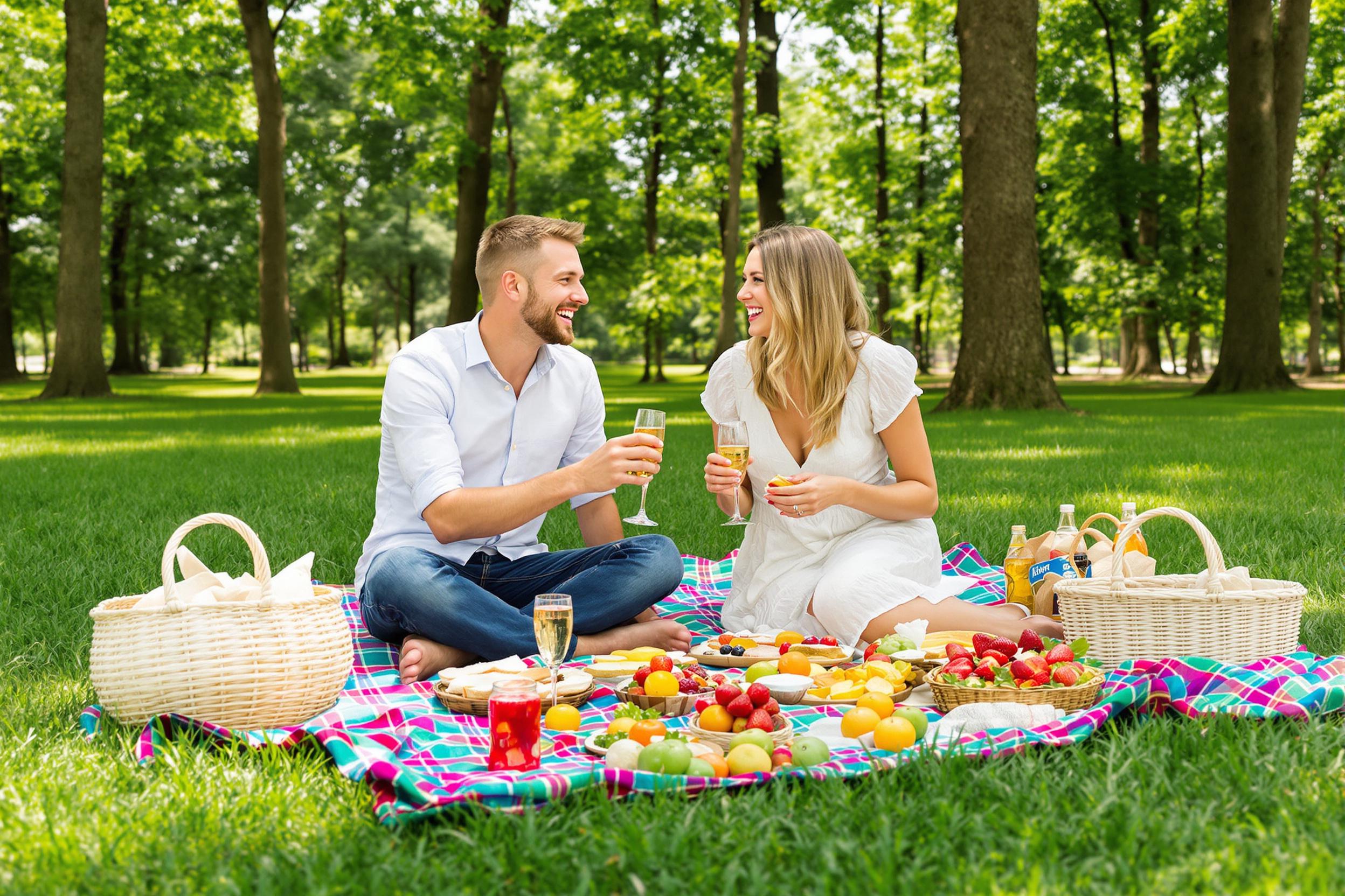 A cheerful couple enjoys a delightful picnic on a lush green lawn, surrounded by tall trees casting dappled shade. A vibrant plaid blanket lies beneath them, adorned with an assortment of fresh fruits, sandwiches, and sparkling beverages. Their laughter fills the air as they share bites while the soft afternoon sun warms their smiling faces.