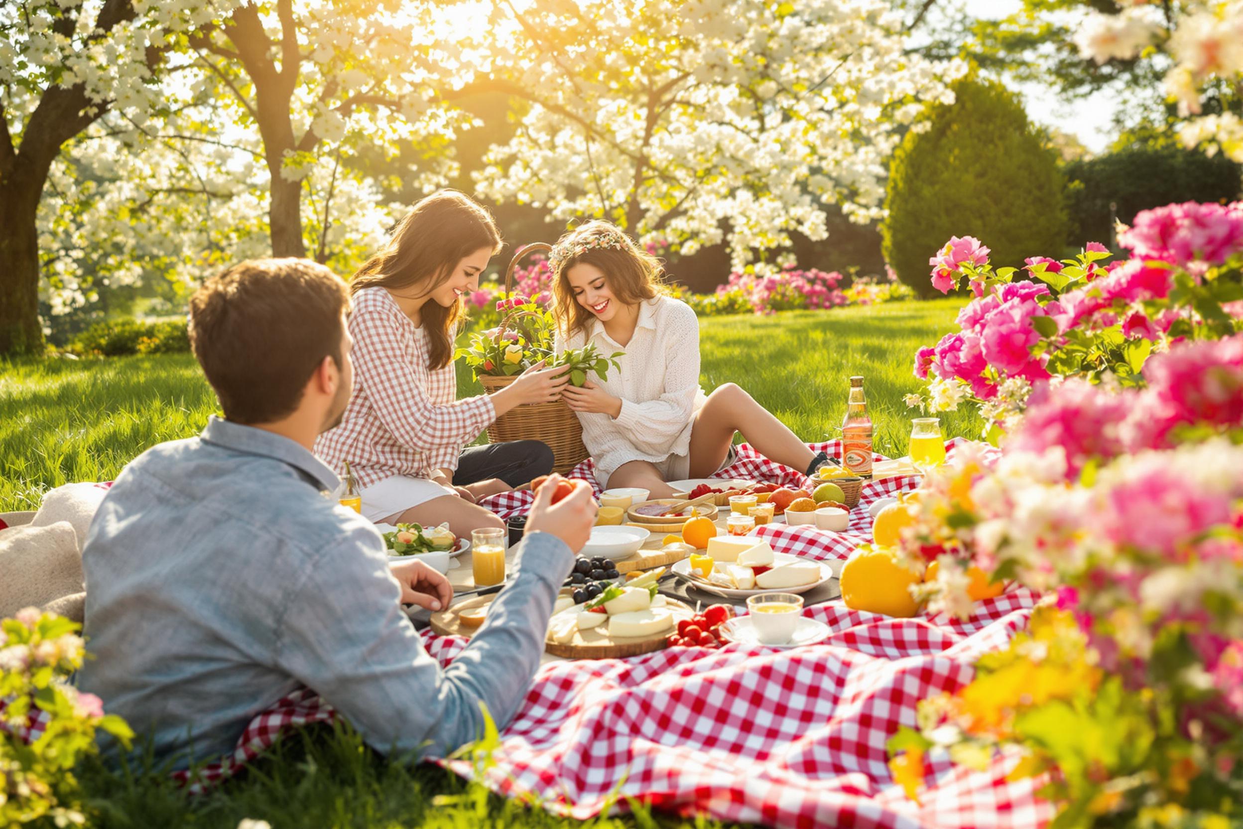 A young couple enthusiastically prepares for a romantic picnic in a scenic park. A fluffy checkered blanket is spread on the lush green grass, adorned with an array of colorful dishes, including fresh fruits and artisanal cheeses. Sunlight bathes the scene in a warm glow, while blooming flowers surround them, enhancing the intimate ambiance.