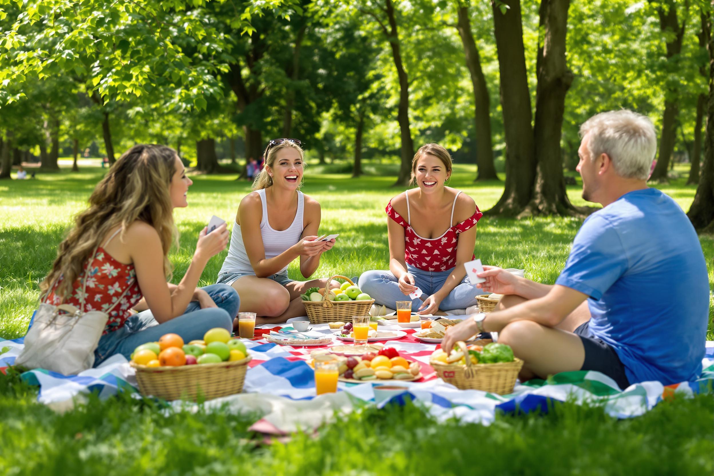 A lively picnic scene unfolds in a lush green park where a group of four friends enjoys a sunny afternoon. Colorful picnic blankets are spread over green grass, adorned with baskets overflowing with fresh fruits and sandwiches. Laughter fills the air as they play cards and share stories beneath the dappled sunlight filtering through tall trees.