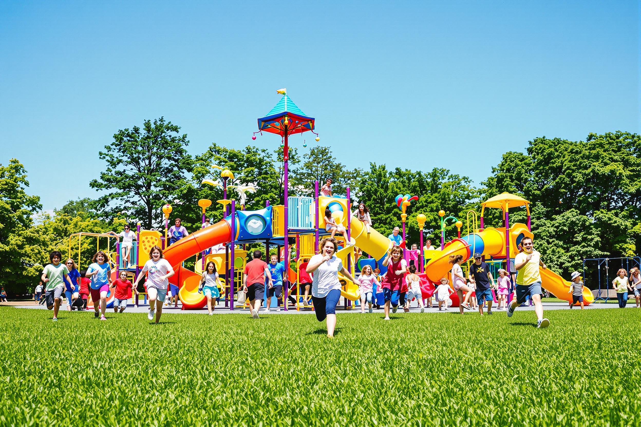 A vibrant playground scene captures children enjoying a sunny day. Various play structures, including slides and climbing frames, pop with color against the blue sky. Children laugh and run, their energetic movements framed by lush green grass and surrounding trees. The joyful atmosphere is palpable as friends interact and play together.