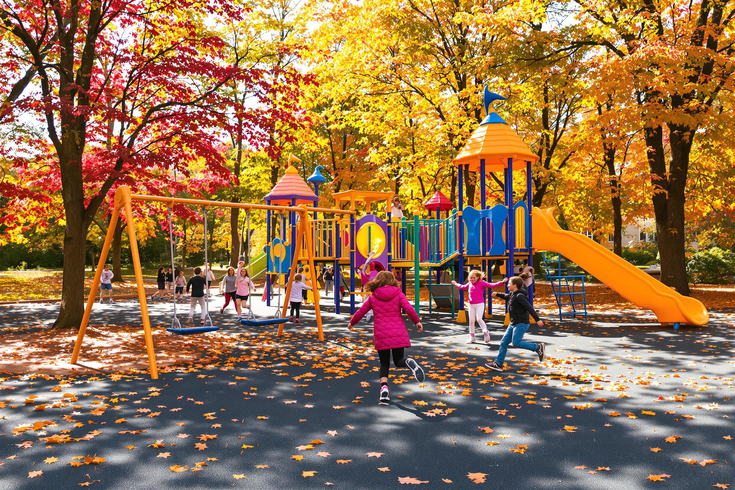 A whimsical playground bursts with color in the heart of autumn. Vibrant swings and slides are surrounded by golden and crimson leaves. Children gleefully run and play among the climbing structures as warm sunlight filters through the trees, casting playful shadows on the ground. The entire scene radiates joy and carefree exploration.