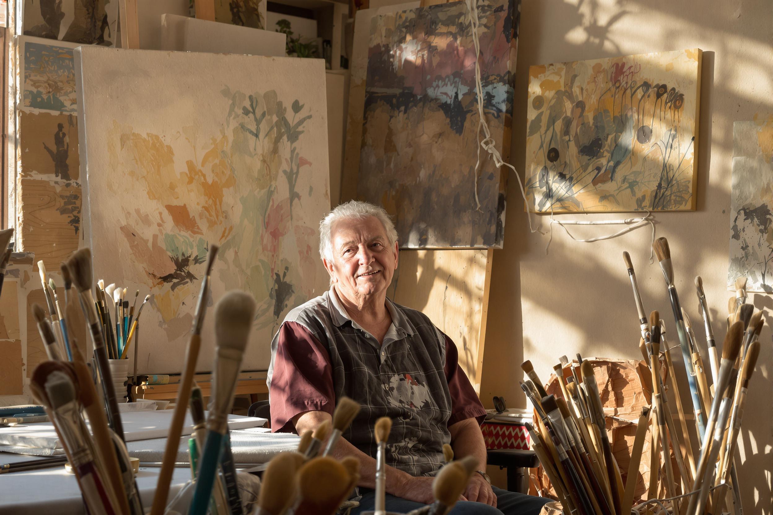 An intimate portrait captures an elderly artist seated in their sun-drenched studio. Their wise, expressive eyes glimmer with creativity amid various brushes and half-finished canvases surrounding them. Warm sunlight fills the space, casting gentle reflections on the textured paintings lining the walls, showcasing a lifetime of artistic expression.