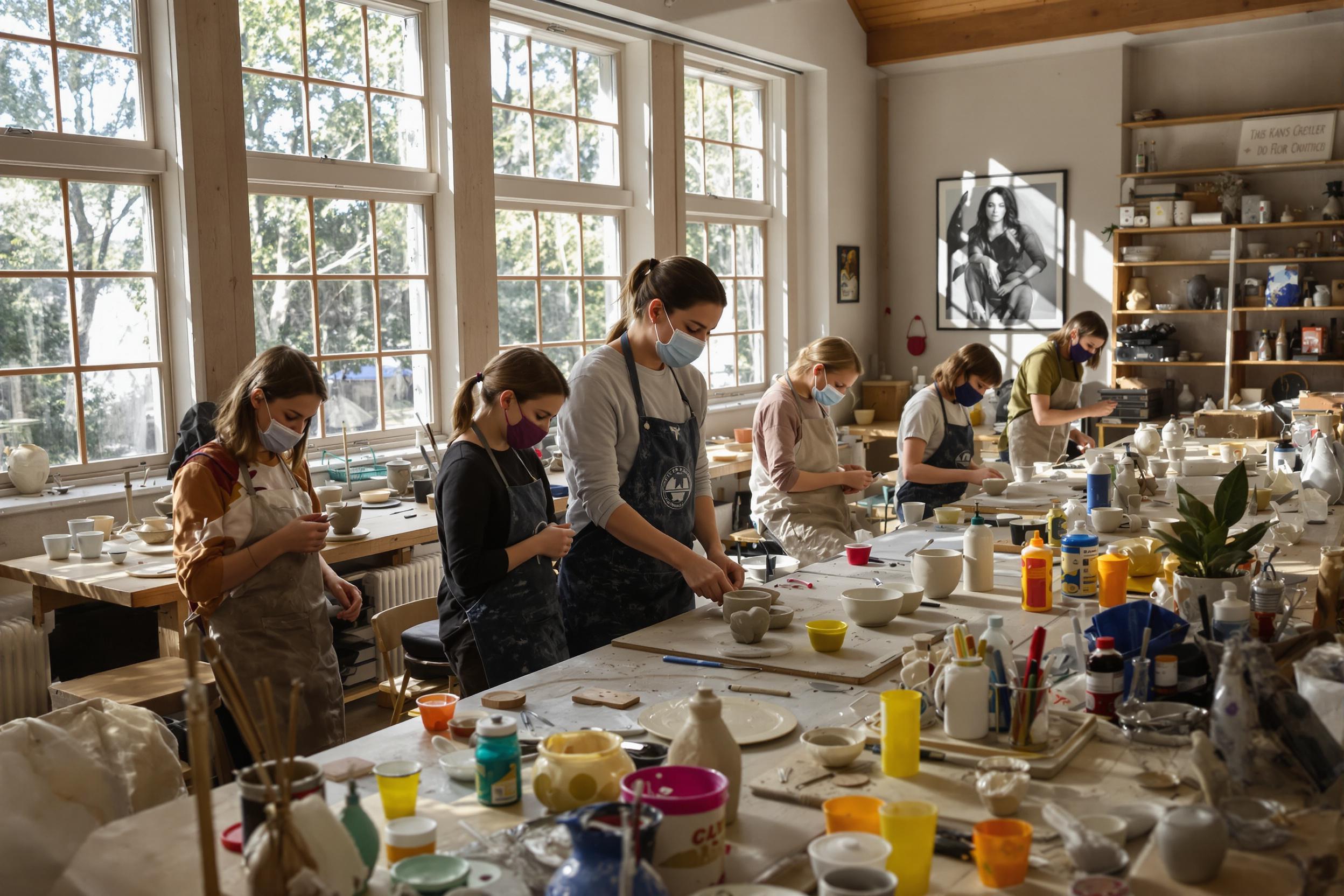 Inside a cozy pottery studio, a teacher guides students as they mold clay into unique shapes. Sunlight streams through large windows, illuminating their focused expressions. Various pottery tools and colorful glazes are scattered across wooden tables, while completed pieces await glazing in the background. The scene captures creativity and learning in action.