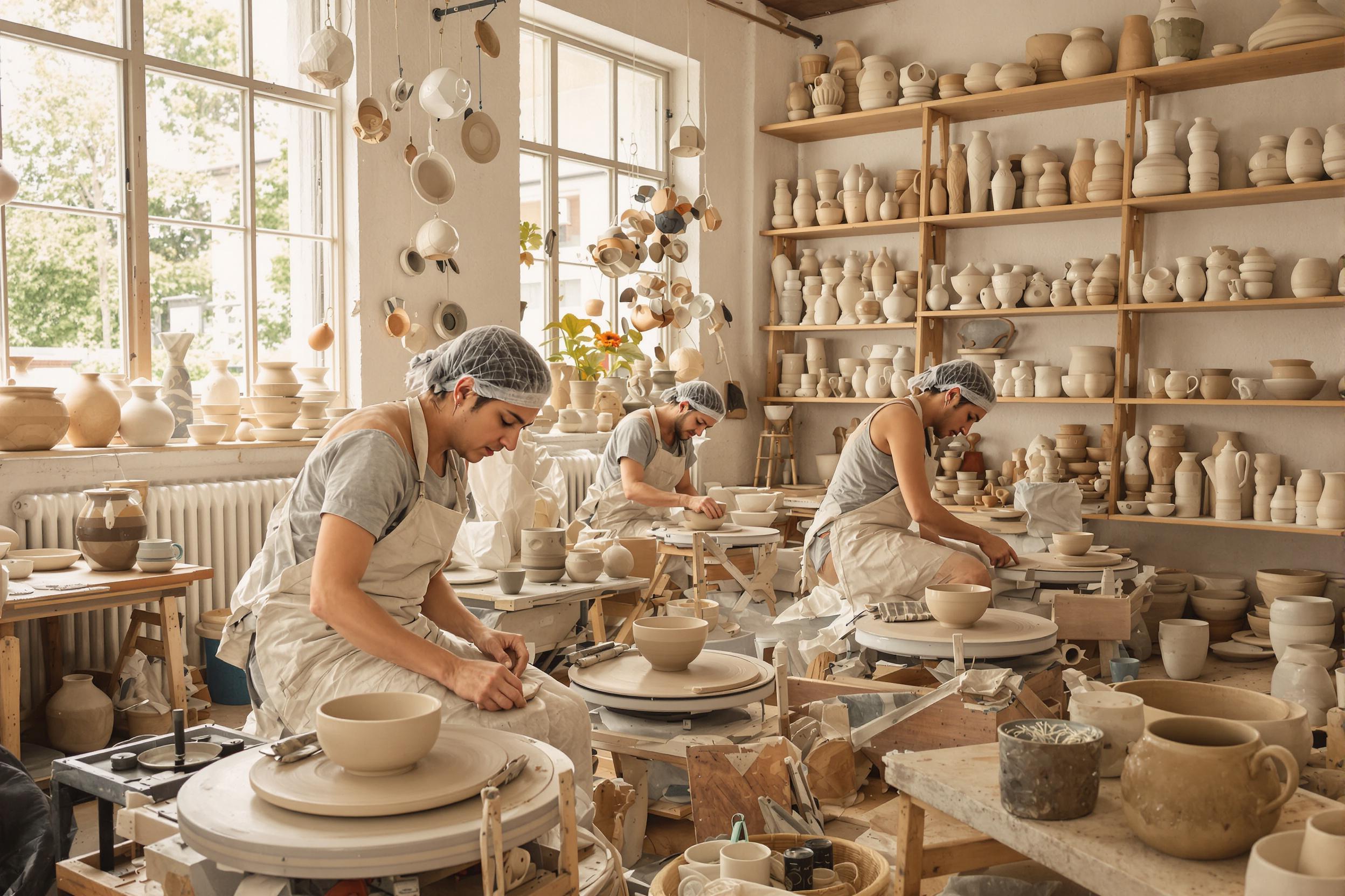 In a cozy pottery studio, artisans skillfully shape clay on spinning wheels, their hands covered in smooth earthy tones. The space is filled with shelves holding beautifully crafted ceramics, while soft natural light filters through large windows, highlighting the textures of both the clay and the finished pieces. The atmosphere buzzes with creativity, showcasing the artistry of pottery-making.