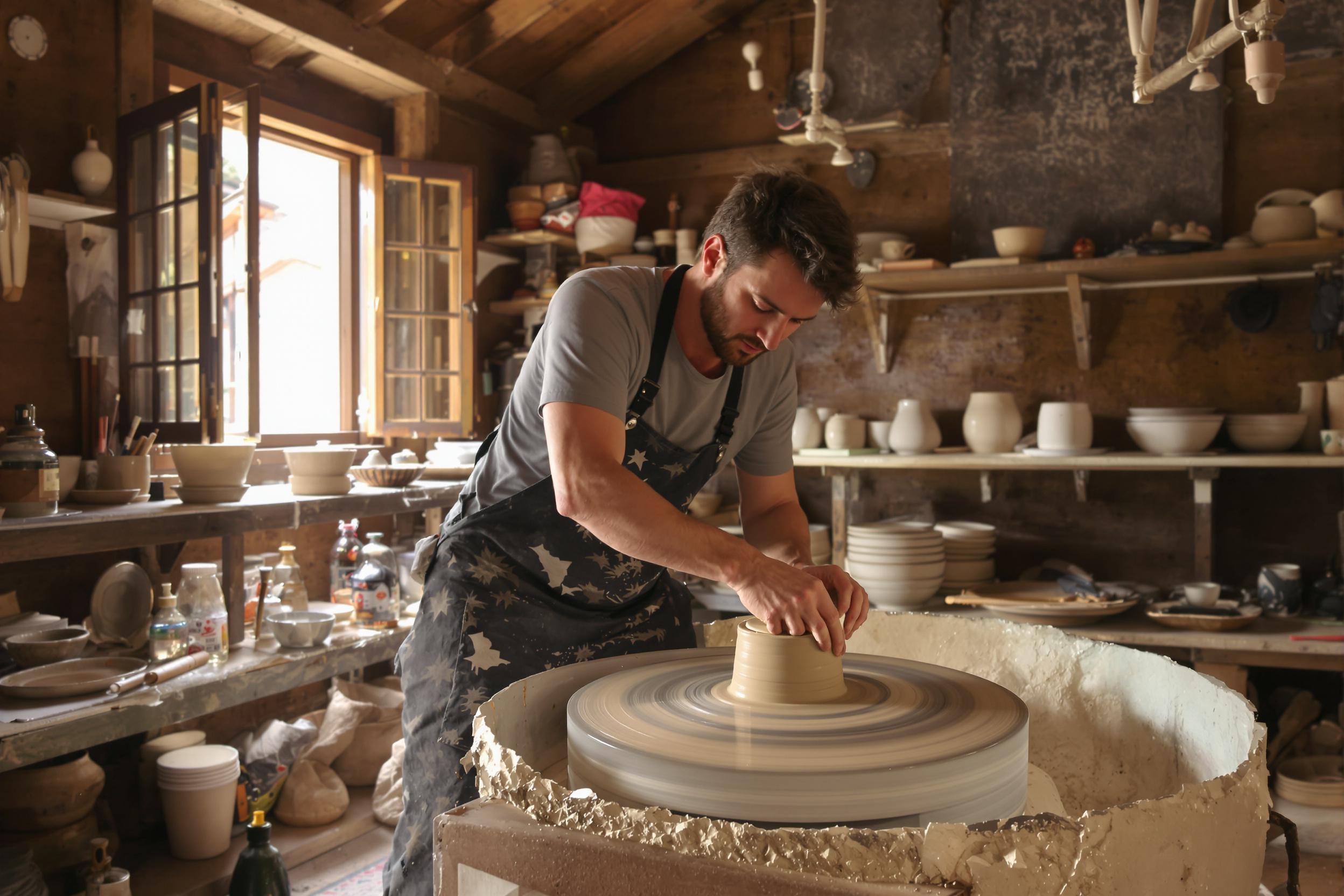 In a rustic workshop, a potter delicately shapes wet clay on a spinning wheel with expert hands. Natural light filters through an open window, illuminating the earthy tones of the wooden interior. Tools and finished ceramics line the shelves, while the spinning clay gleams softly, capturing the artistry in motion.