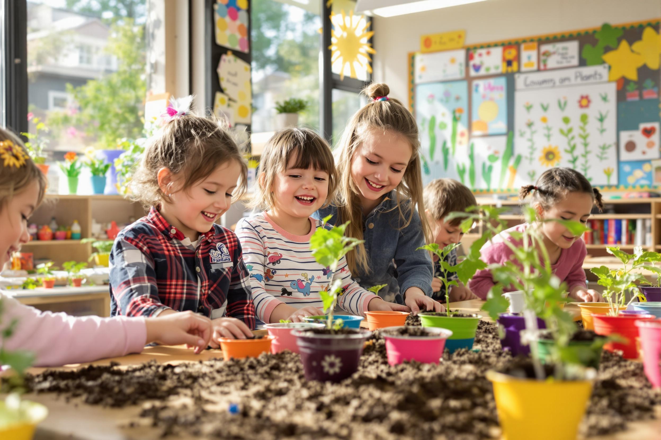 In a sunny preschool classroom, children eagerly plant seeds in colorful pots, their tiny hands exploring rich soil. Laughter fills the air as they chat about the seeds, while vibrant drawings of plants decorate the walls behind them. Natural light streams through large windows, highlighting the joyous atmosphere of their shared learning experience.