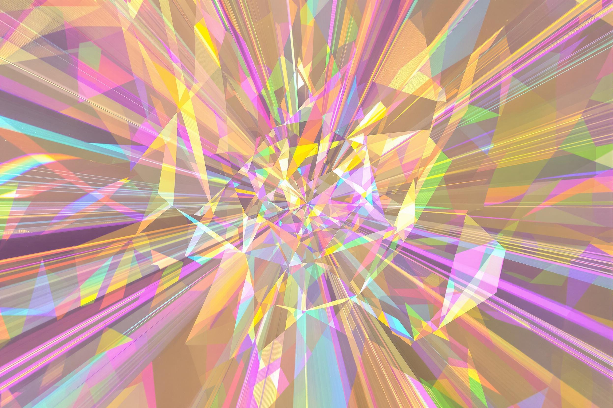 An abstract image showcasing intricate patterns of refracted light creating kaleidoscopic rainbows across a crystalline surface. The smooth crystal's faceted edges cast soft, colorful reflections blending turquoise, magenta, and gold tones onto a pale background. Thin beams intersect sharply, forming dynamic geometric interplay amid soft luminous bokeh highlights.