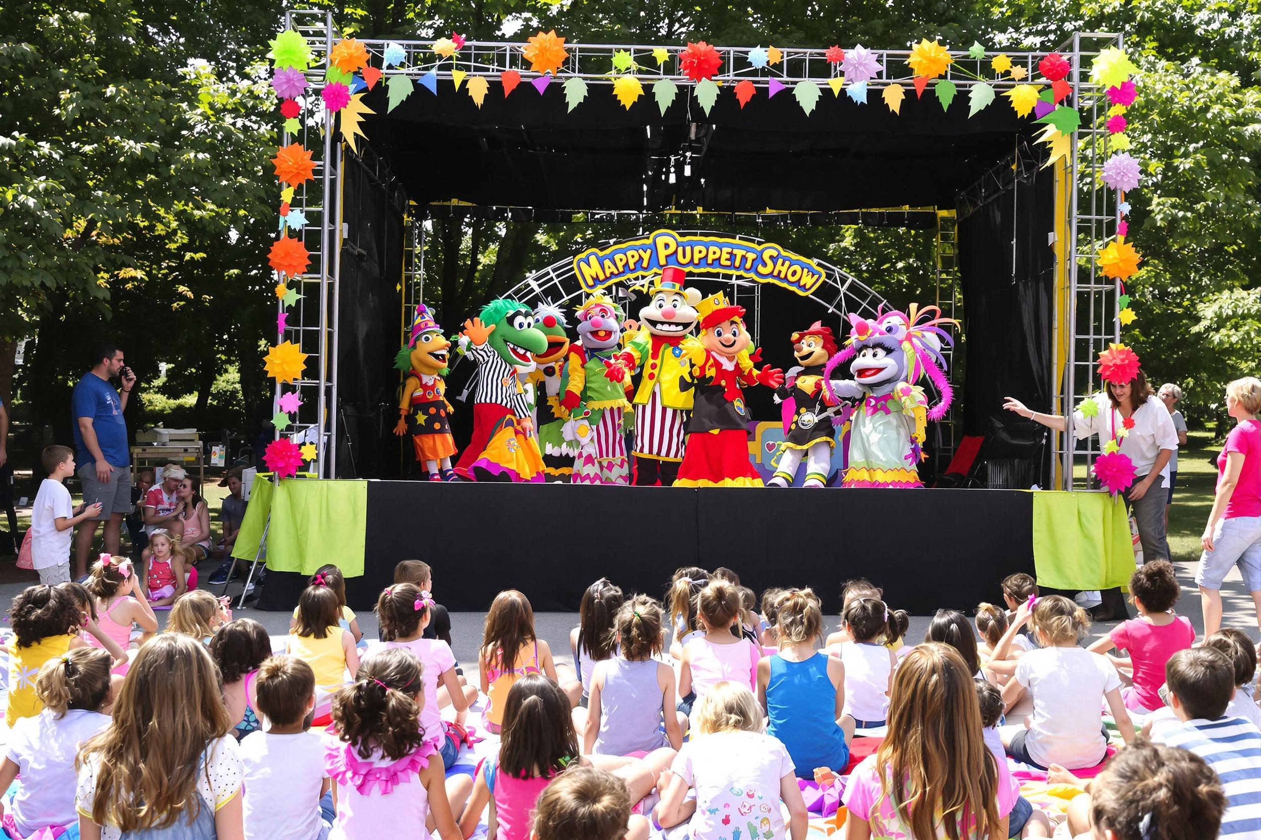 A lively outdoor puppet show captivates an audience of children seated on colorful blankets in a sunlit park. Vibrant puppets dance and interact with the young spectators, who are filled with joy and laughter. Bright decorations frame the stage, while parents watch from the sidelines, enhancing the festive atmosphere.