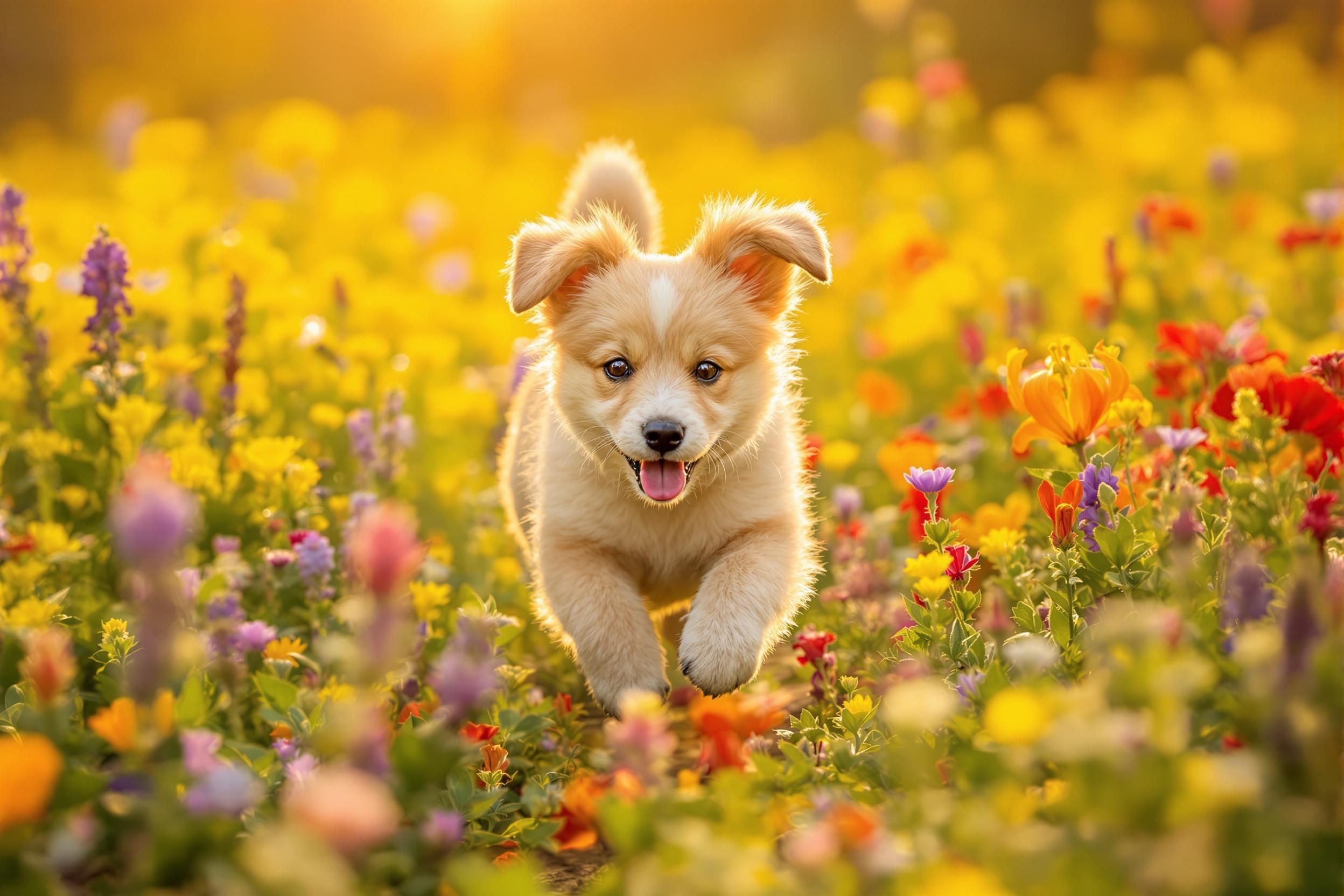 A playful puppy bounds through a vibrant field of wildflowers in full bloom. The sun casts a warm golden hue over the scene, illuminating the various shades of blossoms, from yellows and purples to reds. The energetic pup's fur, dusted with golden light, contrasts beautifully with the colorful landscape, creating a delightful moment of joy in nature.