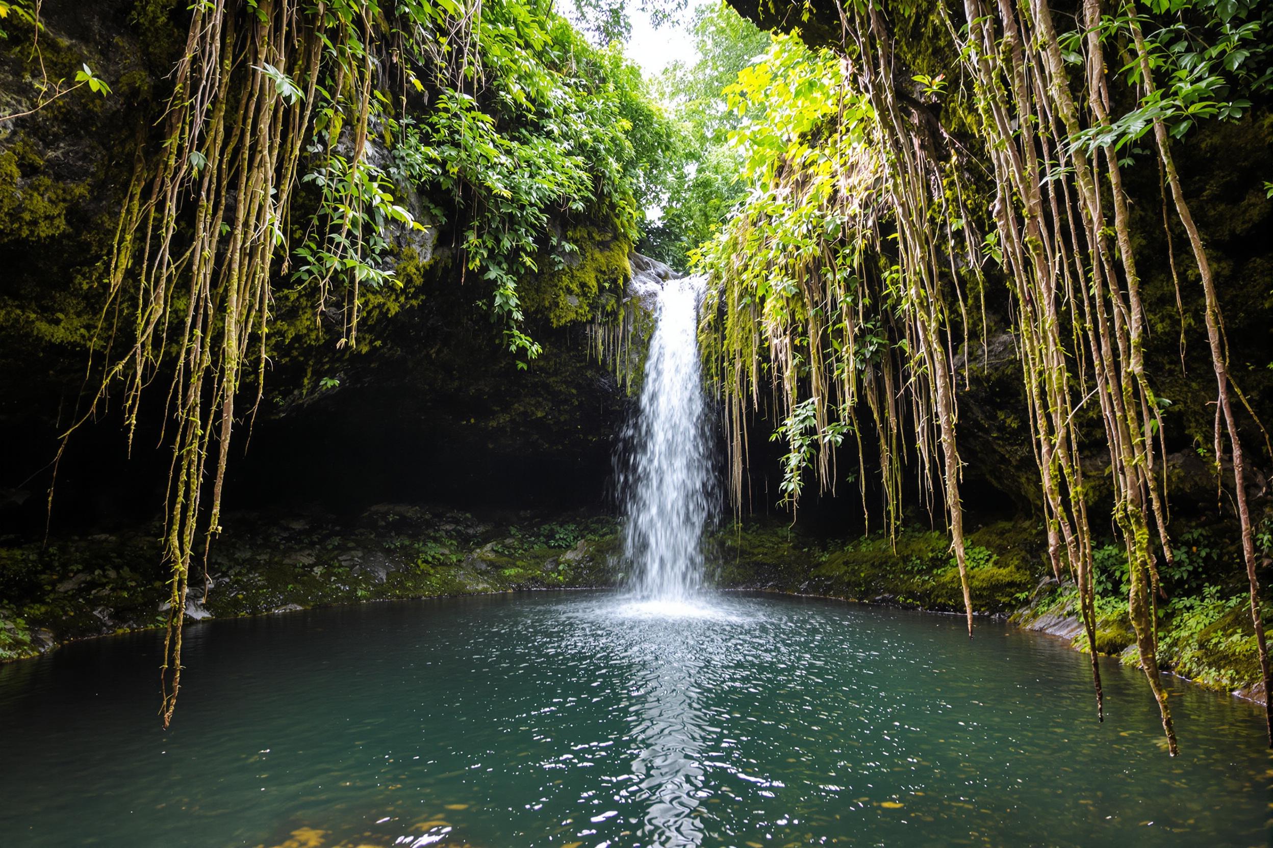 An exotic rainforest waterfall cascades gently into a dark, shallow pool amidst hidden rocky caverns. Droplets shimmer in diffused light filtering through dense emerald canopies overhead. Wet moss clings to jagged stones, and thin roots stretch down the frame’s edges. Wisps of early morning mist scatter faint luminous highlights, completing this serene tropical scene.