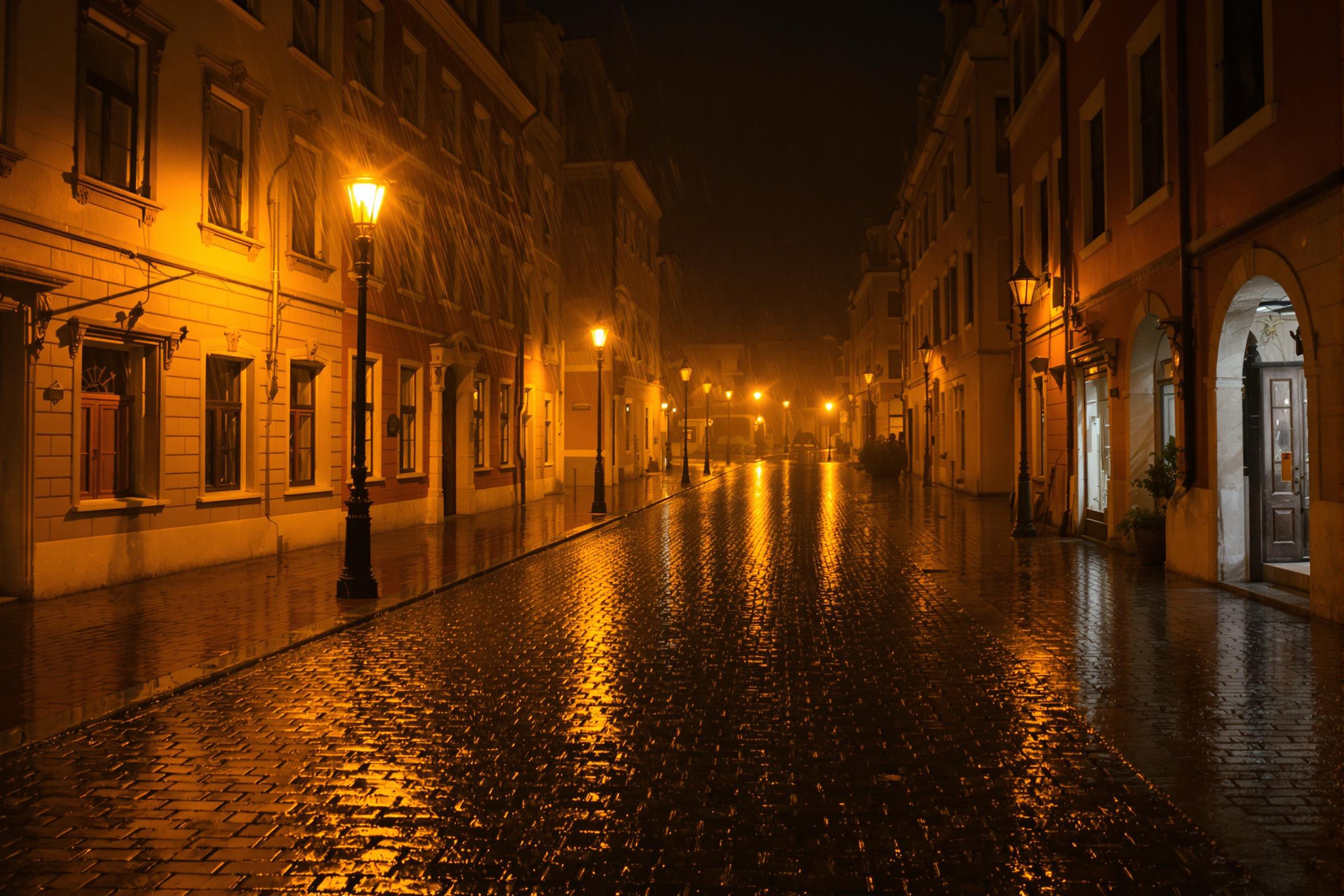 A rainy night envelops a historical European cobblestone street. Warm yellow streetlights cast soft reflections on the wet stones, illuminating centuries-old architecture. Buildings with ornate facades and narrow windows line both sides, receding into misty cool dimness. Empty, serene, and timelessly captivating.