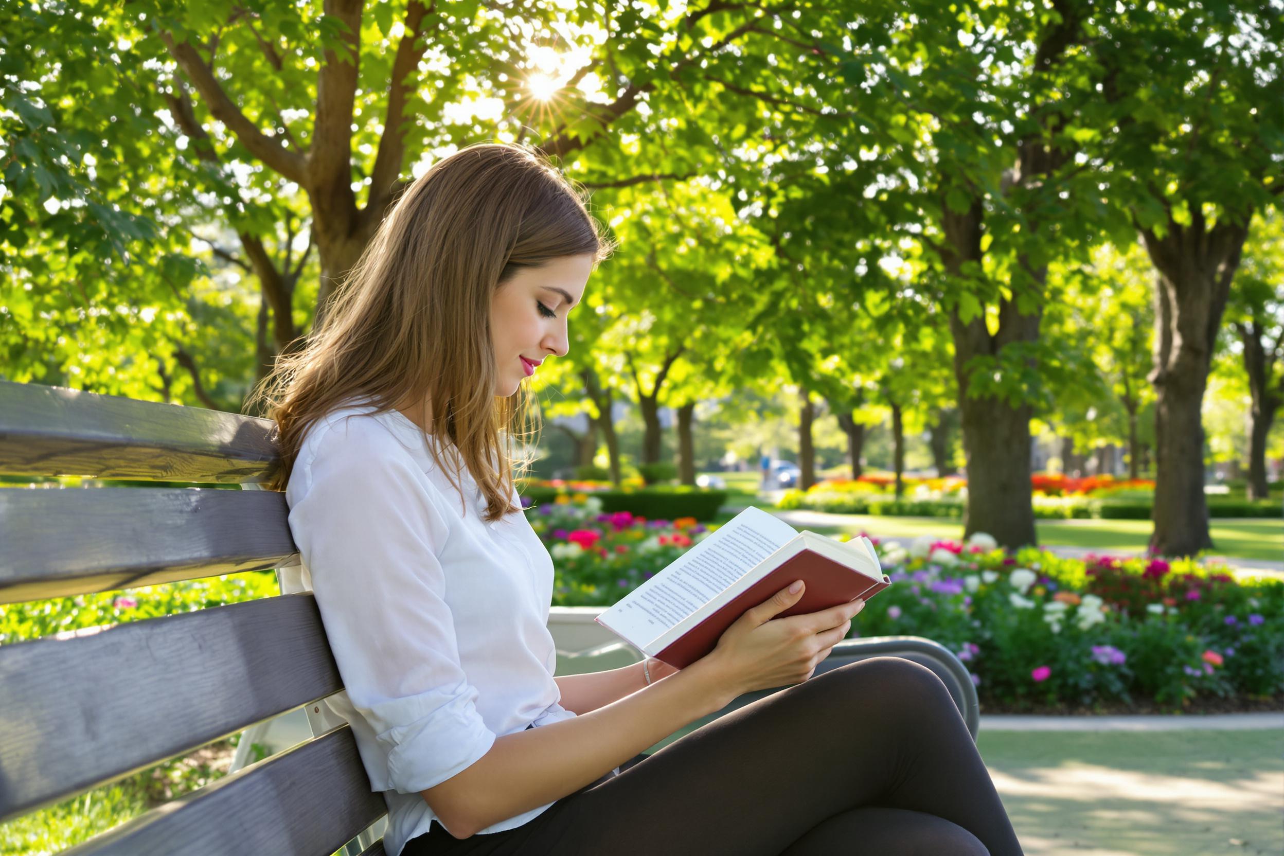 A serene outdoor scene features a woman engrossed in a book while sitting on a park bench. Soft afternoon light filters through lush tree leaves, casting delicate shadows around her. The surroundings include colorful flower beds and towering trees, enhancing the tranquil atmosphere of her quiet escape into literature.