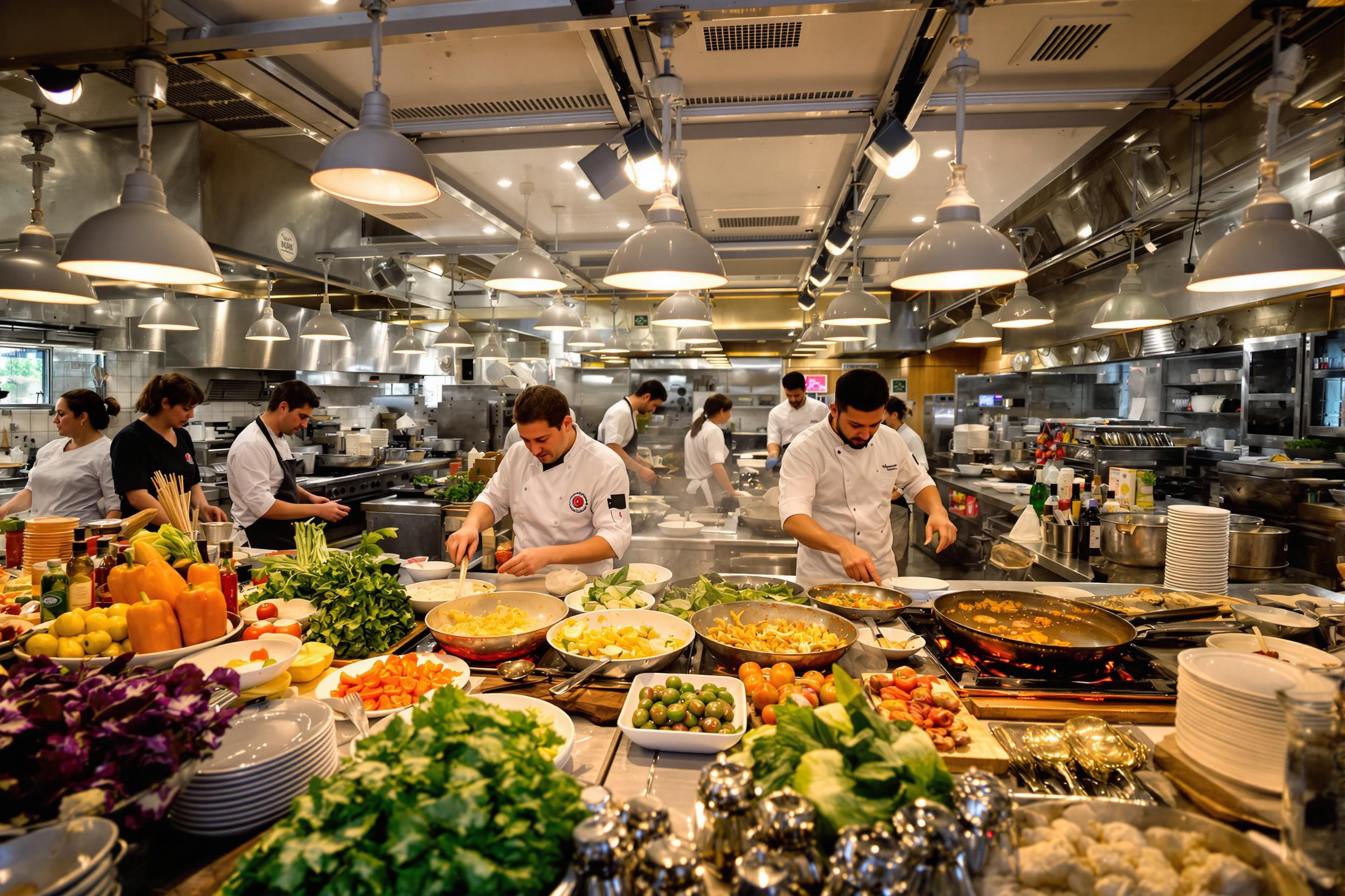 Inside a bustling restaurant kitchen, chefs move energetically as they prepare an array of colorful dishes. The warm glow of overhead lights illuminates fresh vegetables and sizzling pans, creating an inviting atmosphere. Lively interactions fill the space, while the backdrop showcases neatly arranged utensils and vibrant ingredients.