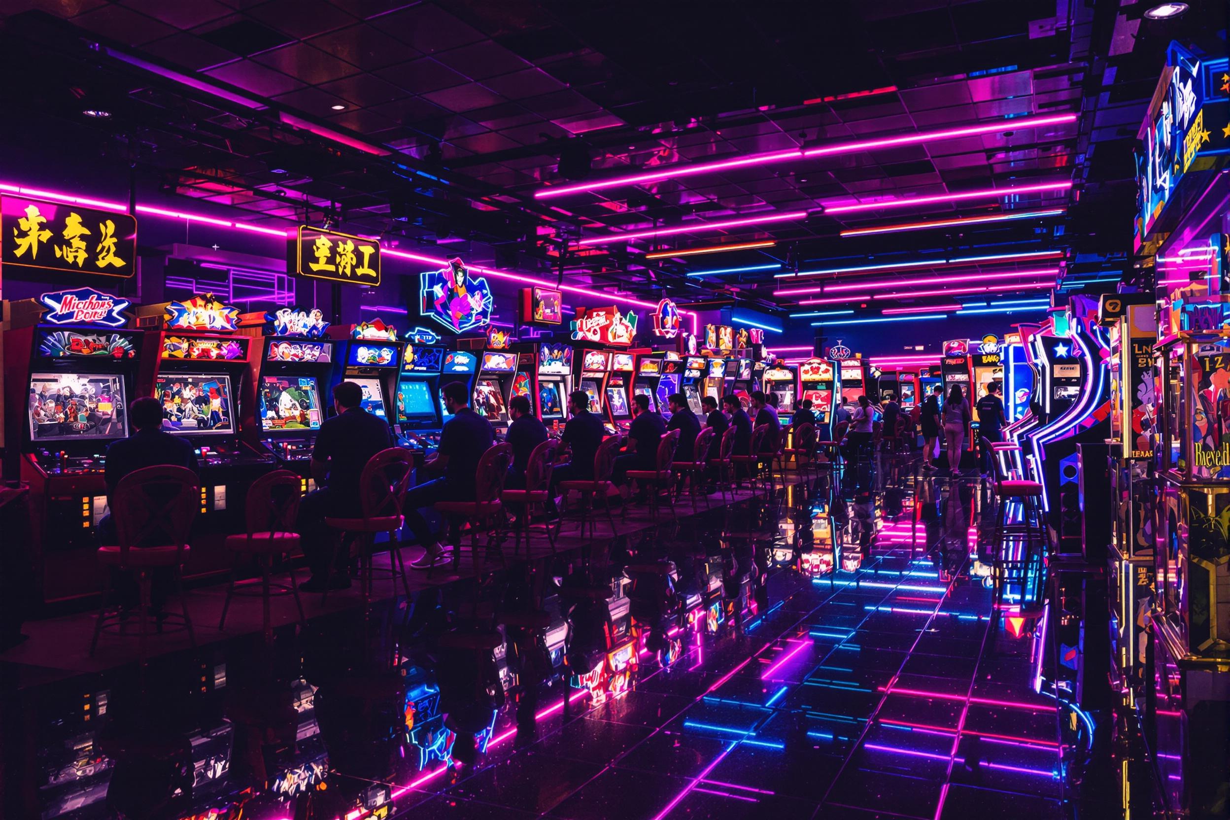 An eye-level interior shot reveals a vibrant retro arcade packed with vintage game machines. Neon lights cast a mix of pink, blue, and purple glows across shiny black floors. Machines with bold artwork line the walls as gamers concentrate in silhouette. Reflections shimmer softly in the dark, enhancing the nostalgic, immersive mood.