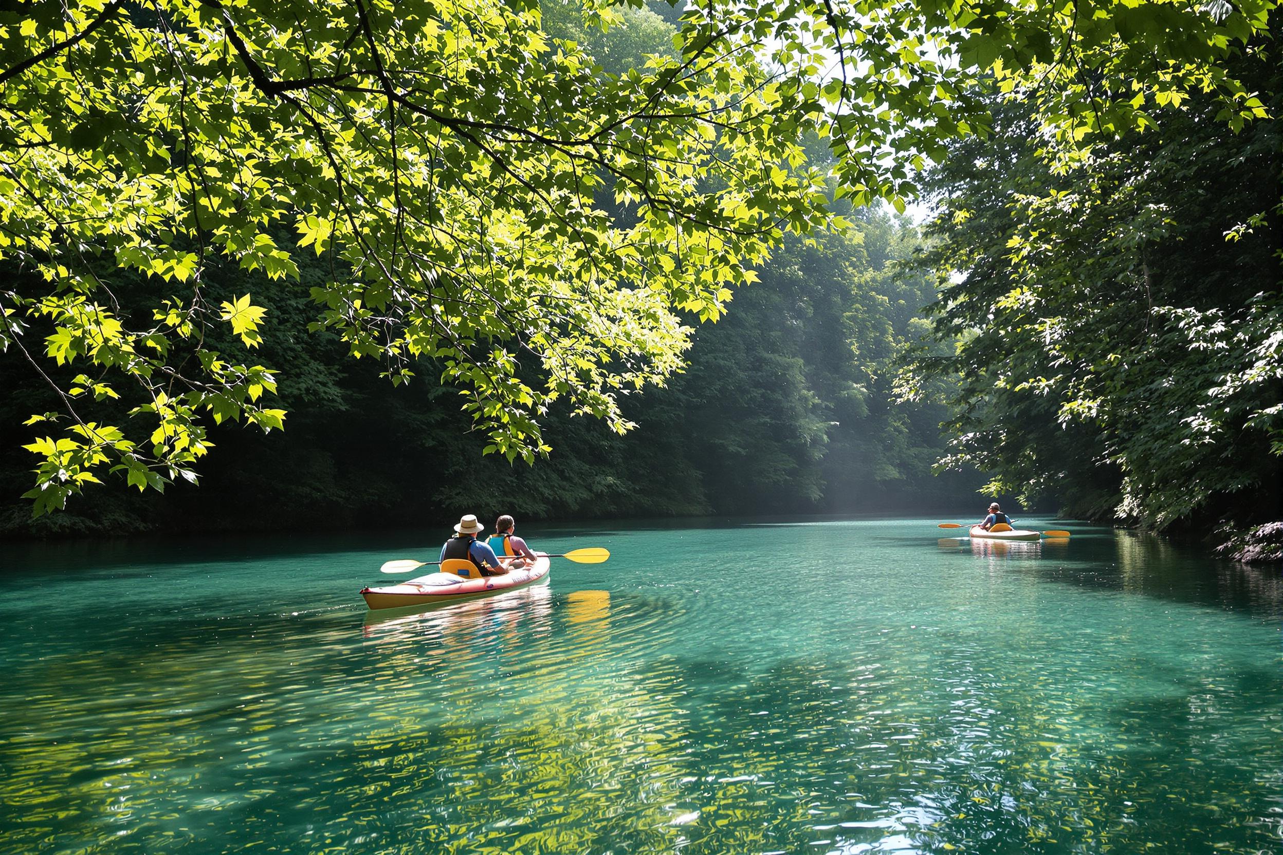 A serene river glides through a verdant forest, where two kayaks gently paddle along. Morning sunlight filters through leafy branches, casting soft reflections on the water. The rich greenery contrasts beautifully with the tranquil blue of the river, inviting peaceful exploration in this idyllic natural setting.