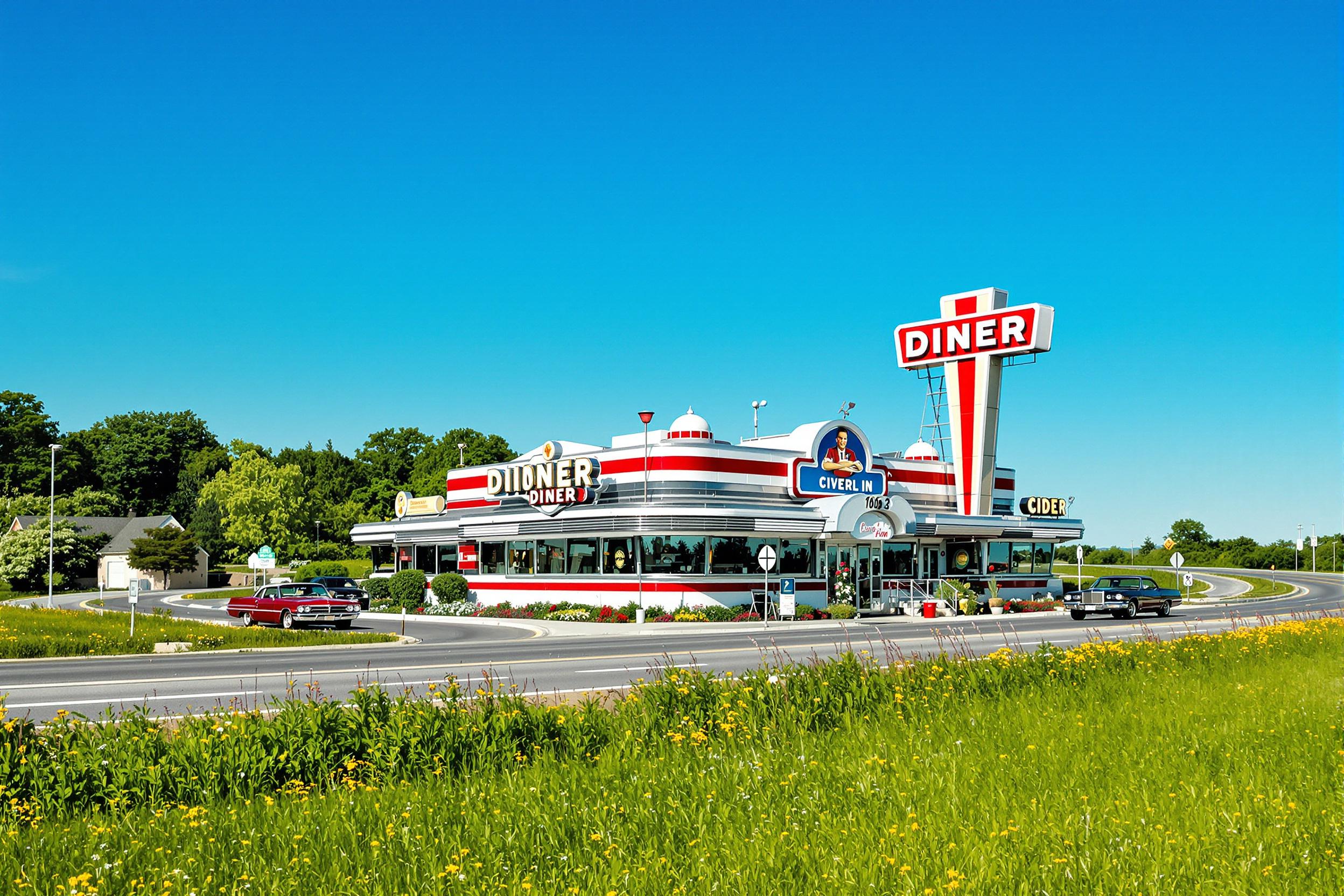 An iconic roadside diner stands proudly alongside a winding highway. Its retro red-and-white design contrasts vividly with the surrounding vibrant green grasses and scattered wildflowers. Above, a brilliant blue sky provides ample sunlight, illuminating the shiny chrome accents of the building. A passing vintage car enhances the nostalgic feel of the scene, beckoning travelers to stop for a meal.