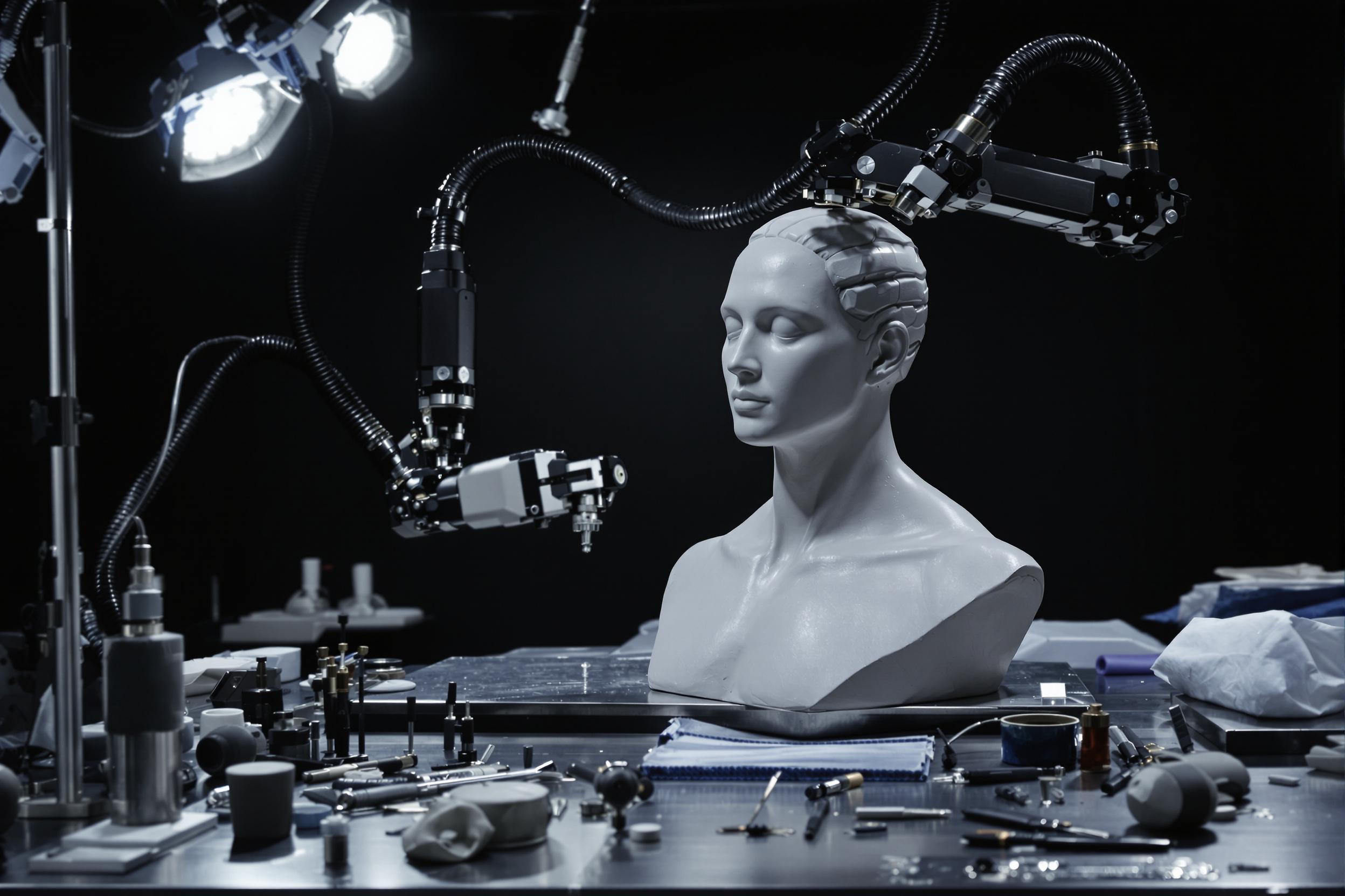 A sleek robotic arm meticulously sculpts a clay bust within a high-tech workshop. The metallic surface reflects the glow of focused LED spotlights. Surrounding tools and materials are neatly arranged against a dark matte backdrop, highlighting advanced technology and precision artistry. Tiny mechanical joints move with fluid grace, capturing fine detail.