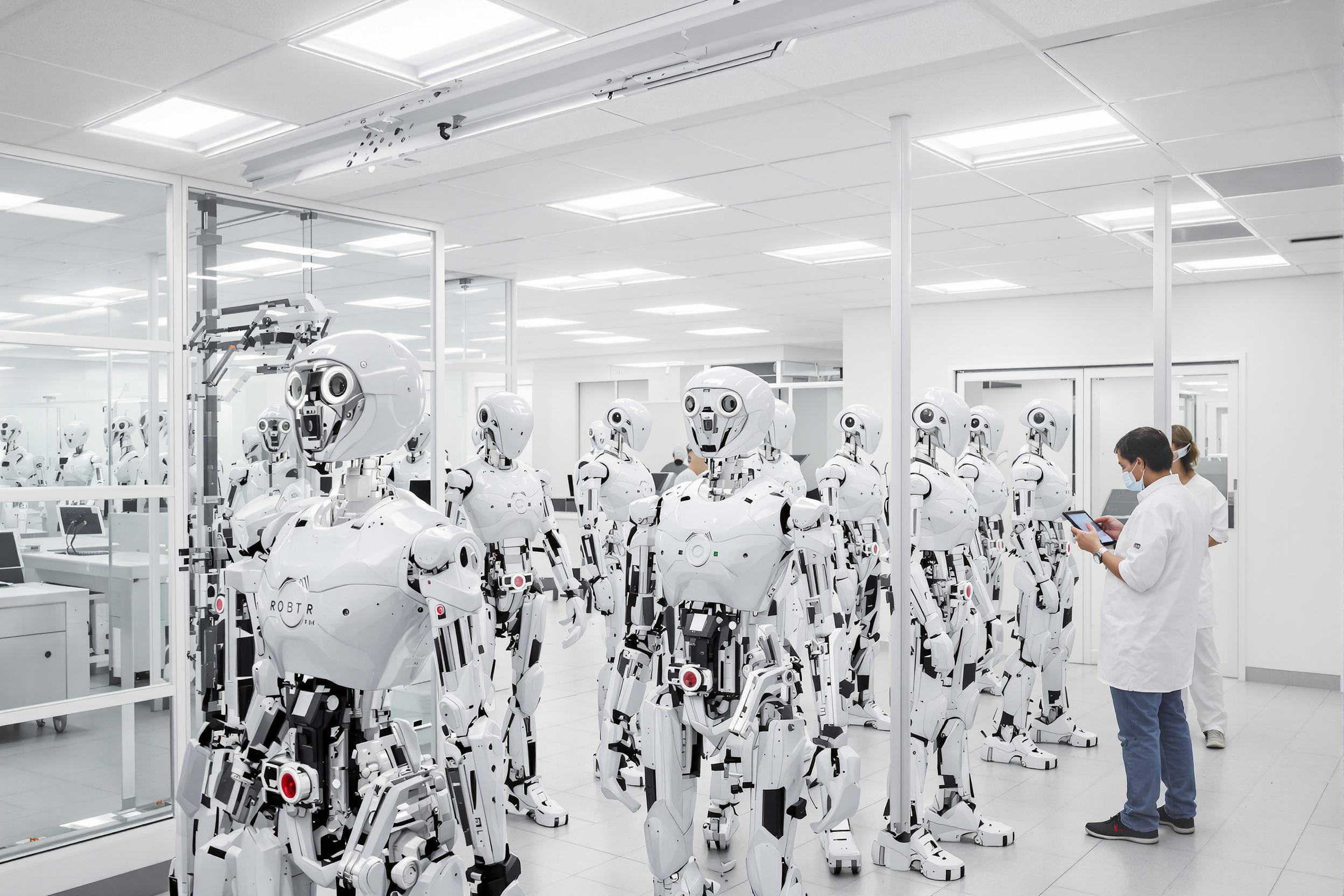 Inside a state-of-the-art robotics lab, futuristic humanoid robots stand neatly arranged under bright, sterile lighting. Their sleek metallic frames gleam, showcasing intricate joints and sensors. Technicians equipped with tablets monitor them closely. The environment features white walls, glass partitions, and a clean tiled floor, amplifying the lab's advanced, high-tech feel.