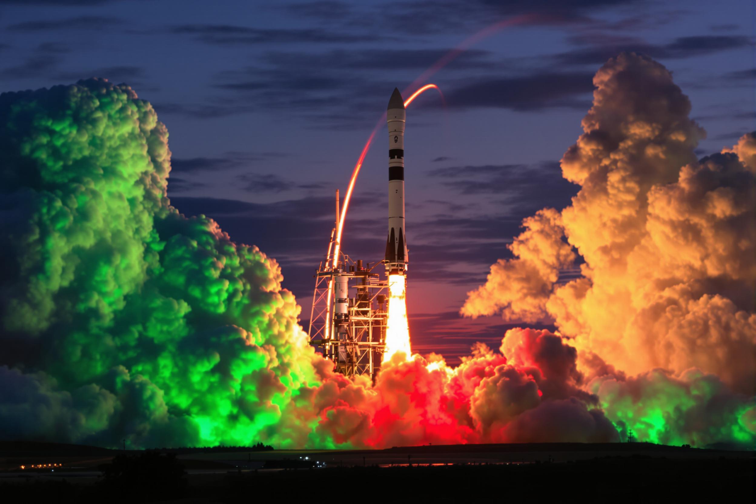 A powerful rocket soars into twilight skies, leaving trails of fiery exhaust that illuminate the darkening surroundings. The launchpad radiates with brilliant greens and reds as clouds of smoke spread wide, reflecting the vibrant hues. This moment captures the intense interaction between technological progress and atmospheric beauty.