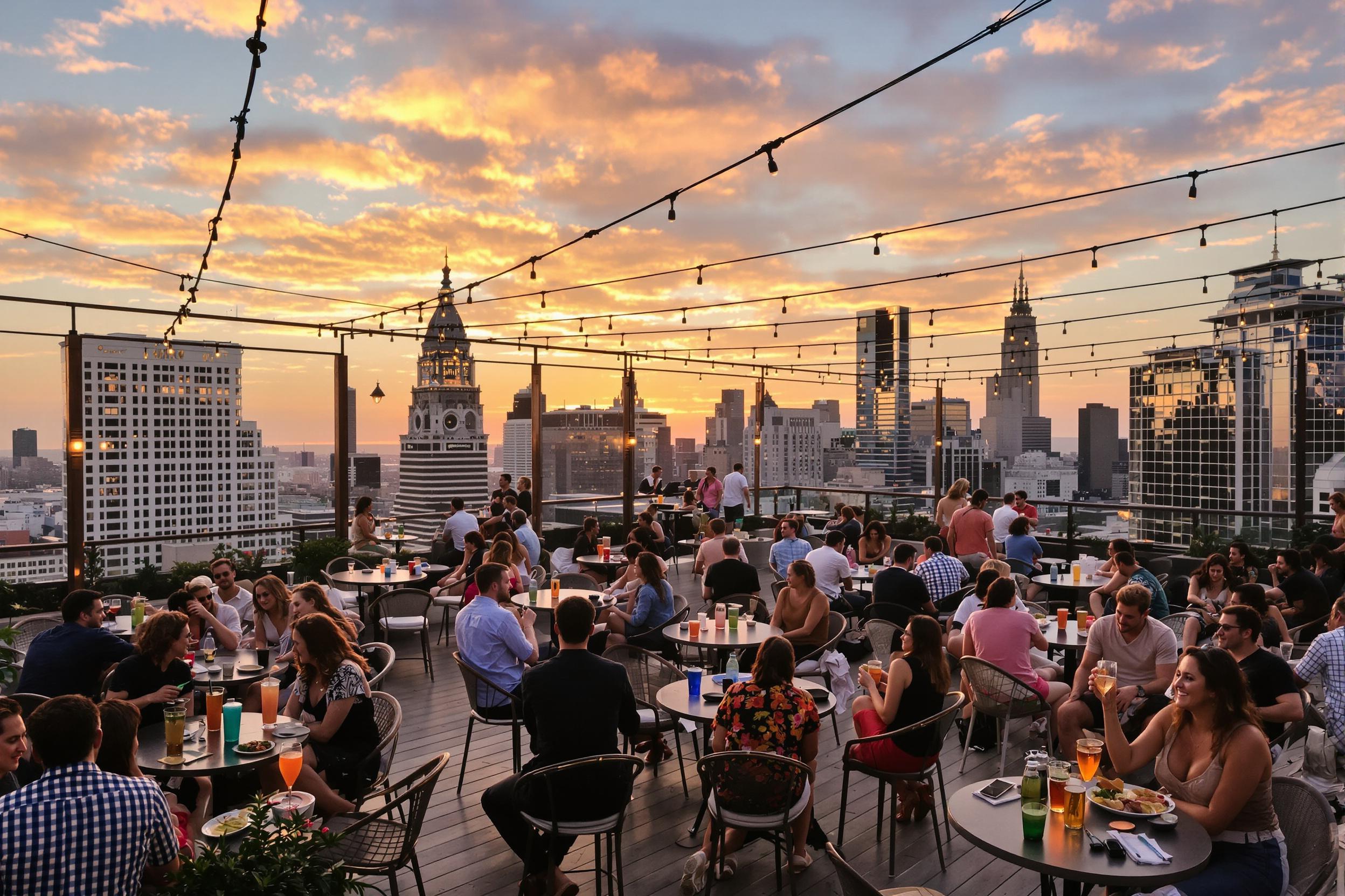 A lively rooftop bar offers a stunning view of the city skyline as the sun sets. Guests are gathered around sleek tables adorned with colorful drinks and appetizers. The warm, golden light bathes the scene, highlighting the urban architecture and clouds tinged with hues of orange and pink. Strings of lights hang overhead, creating an inviting atmosphere filled with laughter and conversation.