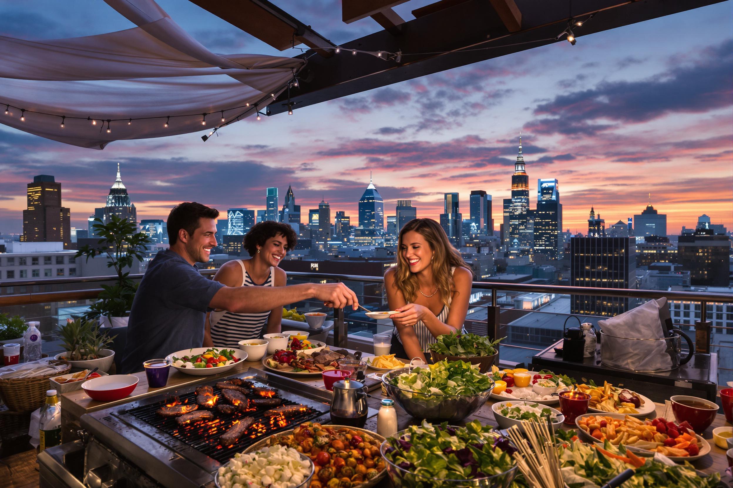 A lively rooftop barbecue brings friends together as they enjoy delicious food under a breathtaking sunset. Laughter fills the air, while grilled meats sizzle beside bowls of colorful salads. The city skyline sparkles in the background, painted in hues of orange and pink, enhancing the relaxed yet festive atmosphere.