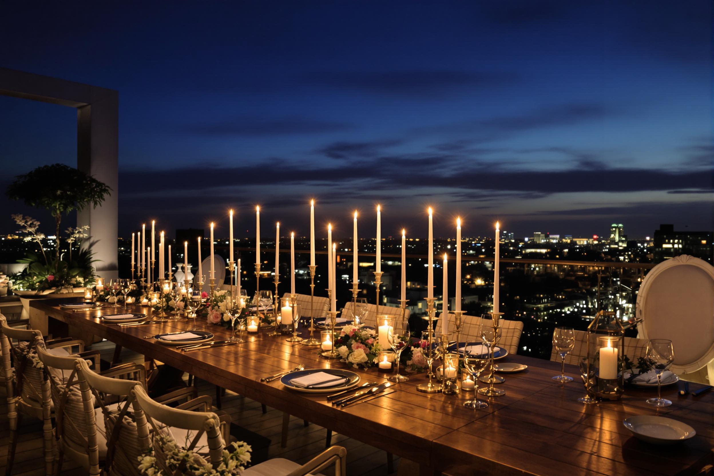 An elegant dining setup unfolds on a rooftop terrace as twilight descends. A beautifully adorned wooden table is illuminated by tall, flickering candles, casting a warm glow across intricate table settings. Plush cushions line stylish chairs, while delicate flower arrangements add a touch of romantic charm. In the background, the city skyline twinkles against the deepening blue sky, amplifying the enchanting atmosphere of the evening.