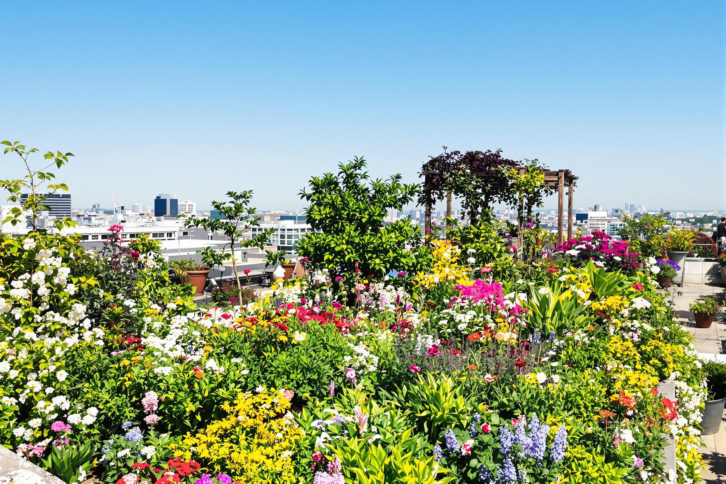 A vibrant rooftop garden flourishes atop an urban building, adorned with diverse plants and colorful flowers. Lush greenery creates a tranquil oasis amidst the city skyline, with varying heights adding depth. Bright natural light bathes the scene, highlighting the vivid colors of blossoms against the backdrop of grey buildings, while the clear blue sky stretches above.