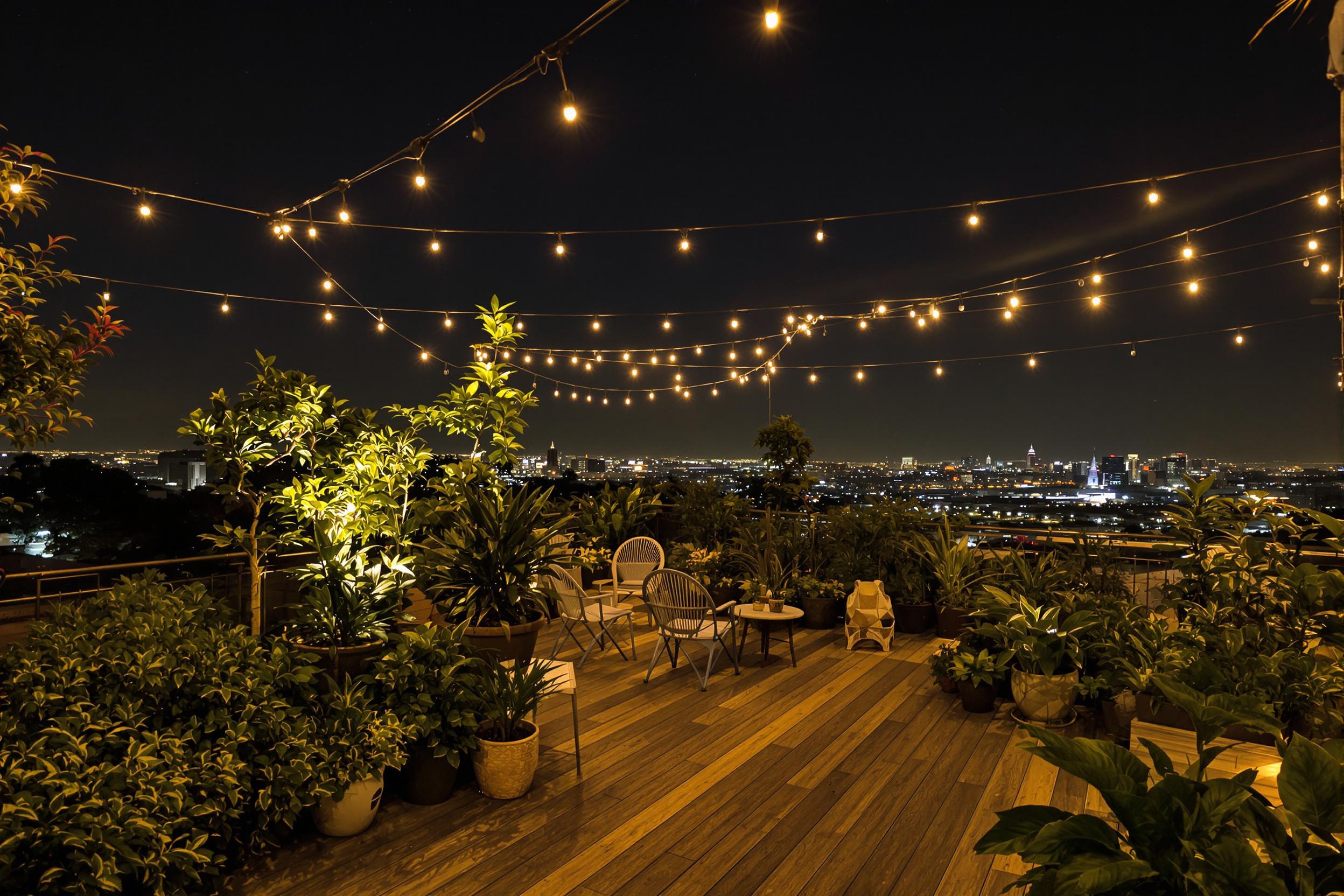 An enchanting rooftop garden illuminated by gently glowing string lights reveals lush potted plants and cozy seating arrangements. The distant city skyline glimmers faintly under a star-dotted sky. Layers of foliage and urban scenery create a harmonious blend of tranquility and modern vibrancy in the dim, warm atmosphere.